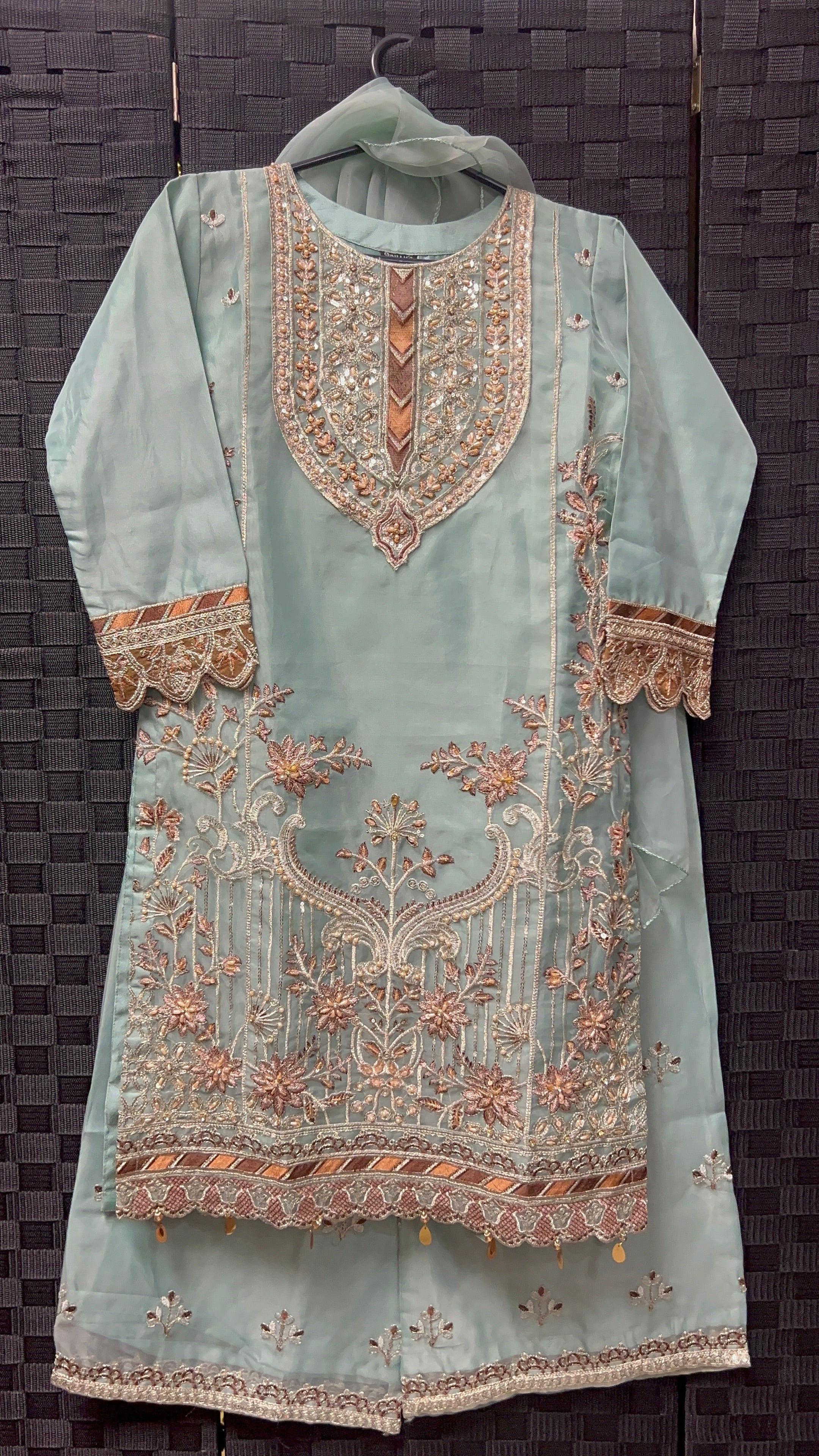 BMK - 018 | Girls' Mint Silver Organza Fabric Copper Embroidered Suit - Boutique By MaryamBoutique By MaryamBoutique By Maryam34BMK - 018 | Girls' Mint Silver Organza Fabric Copper Embroidered Suit
