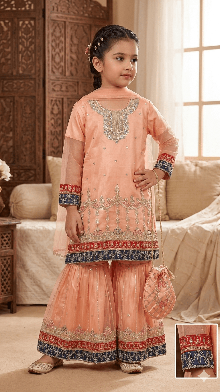 BMK - 019 | Girls' Peach & Navy Heritage Gharara Set - Boutique By MaryamBoutique By MaryamBoutique By Maryam26BMK - 019 | Girls' Peach & Navy Heritage Gharara Set