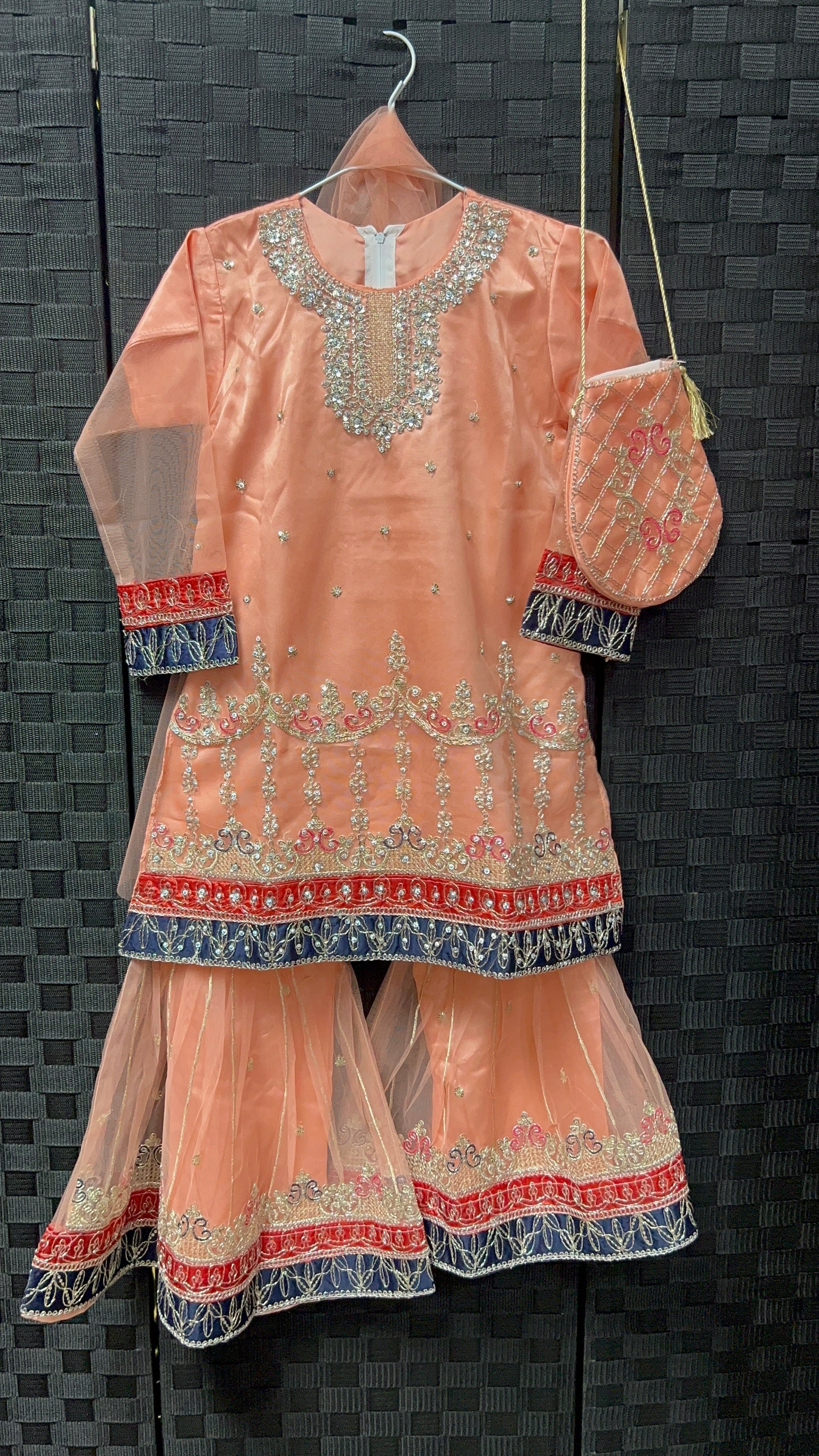 BMK - 019 | Girls' Peach & Navy Heritage Gharara Set - Boutique By MaryamBoutique By MaryamBoutique By Maryam26BMK - 019 | Girls' Peach & Navy Heritage Gharara Set