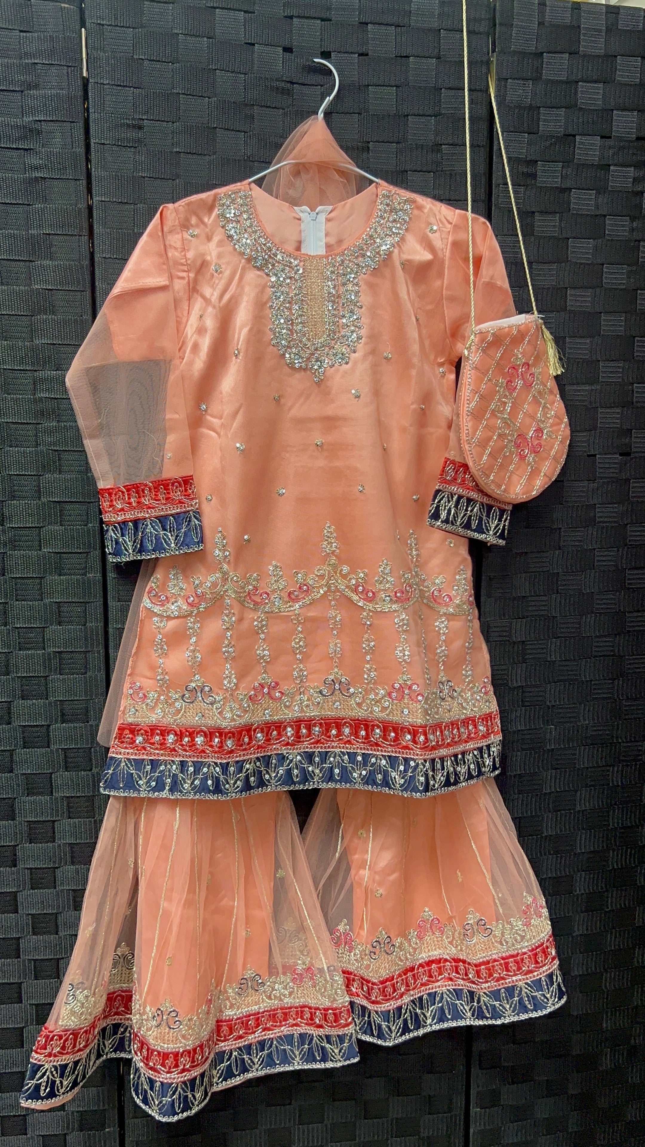BMK - 019 | Girls' Peach & Navy Heritage Gharara Set - Boutique By MaryamBoutique By MaryamBoutique By Maryam26BMK - 019 | Girls' Peach & Navy Heritage Gharara Set