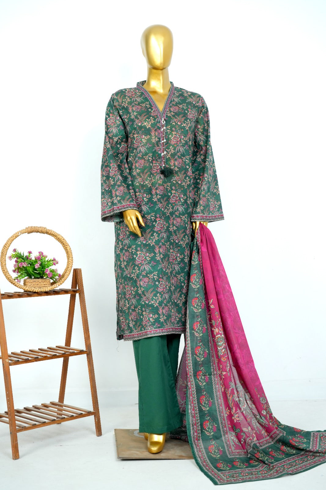BML-001 Bin Saeed Forest Green & Magenta botanical floral lawn 3-piece suit with shirt, trousers and dupatta