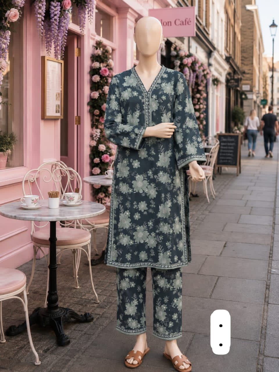 BML-016 Bin Saeed Deep Teal & Ivory floral printed lawn co-ords with matching shirt and trousers