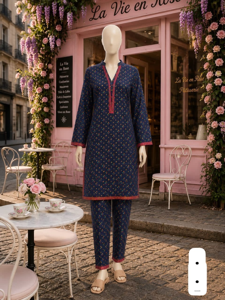 BML-018 Bin Saeed Navy Blue & Red small motif printed lawn co-ords with matching shirt and trousers