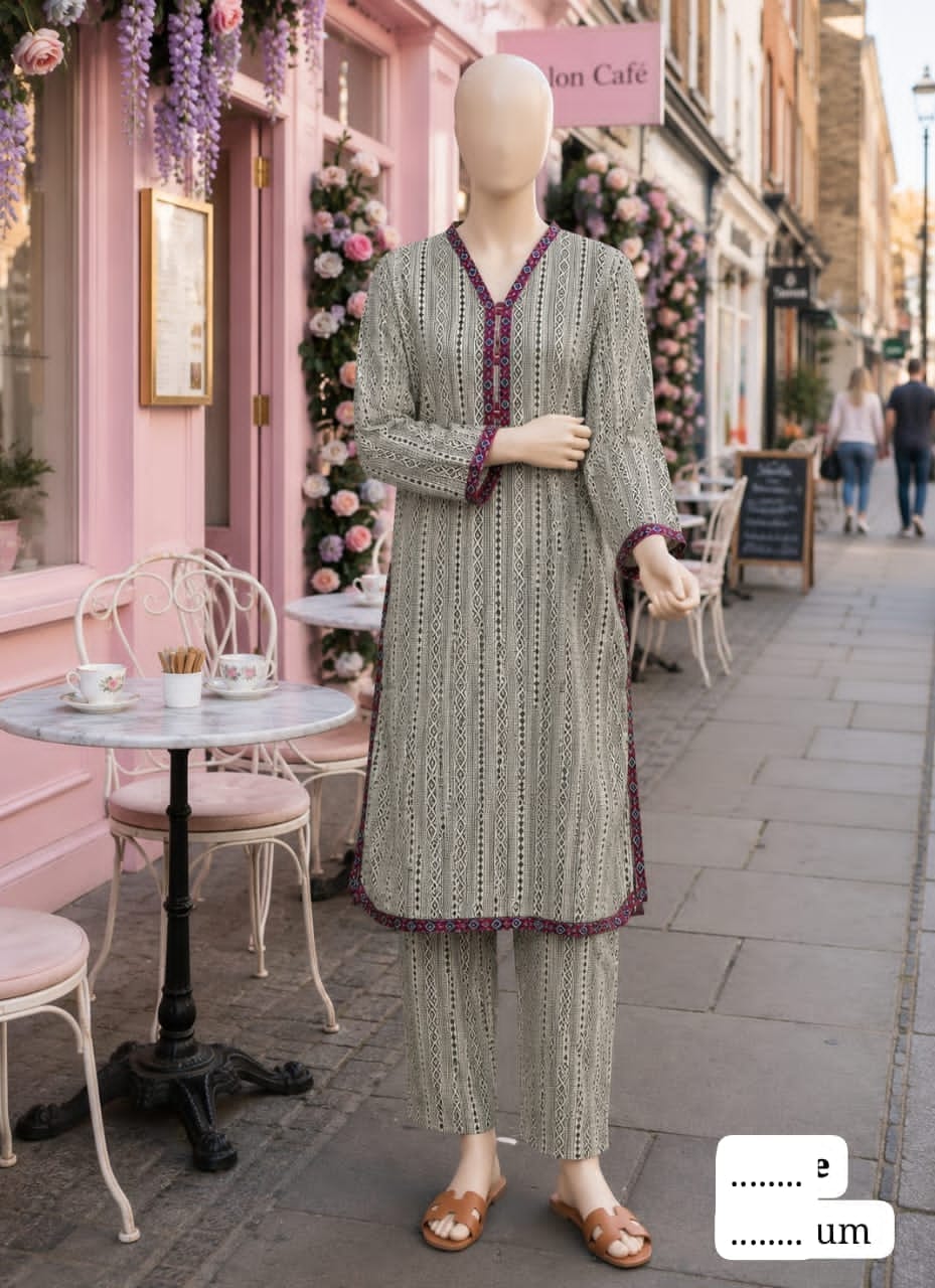 BML-020 Bin Saeed Stone Grey & Plum geometric stripe printed lawn co-ords with matching shirt and trousers