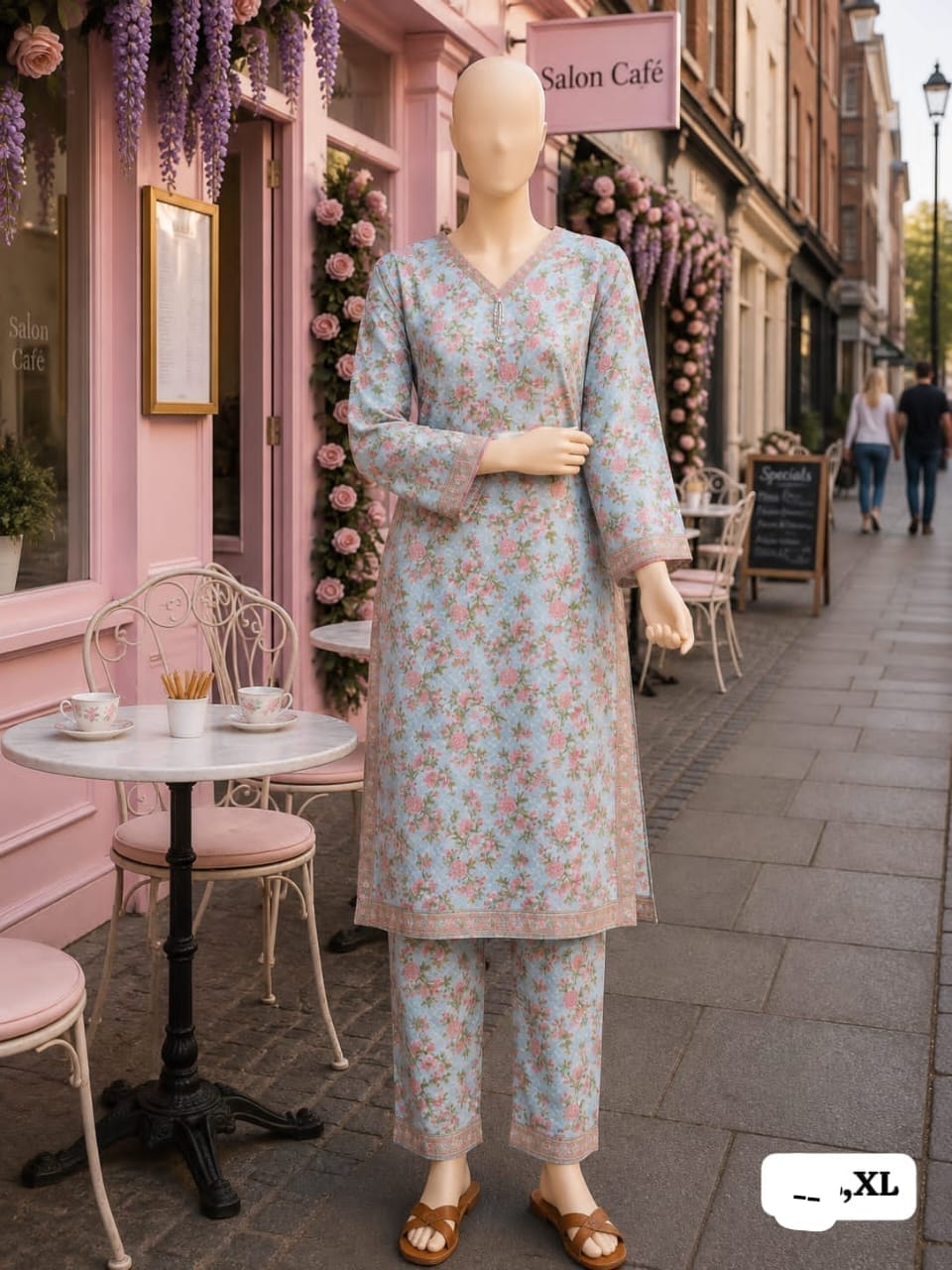 BML-022 Bin Saeed Powder Blue & Coral floral printed lawn co-ords with matching shirt and trousers