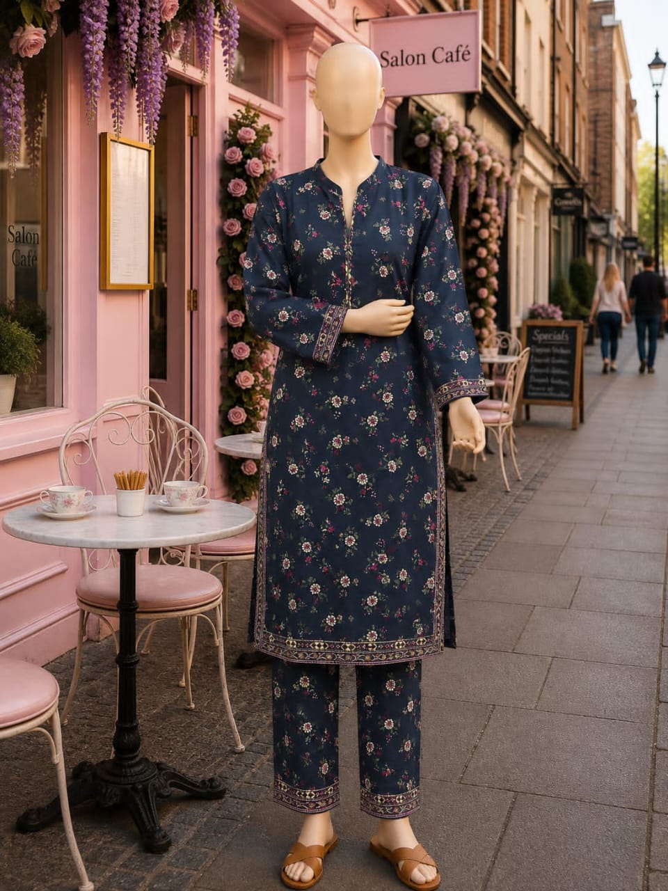 BML-023 Bin Saeed Midnight Navy & Pink floral printed lawn co-ords with matching shirt and trousers