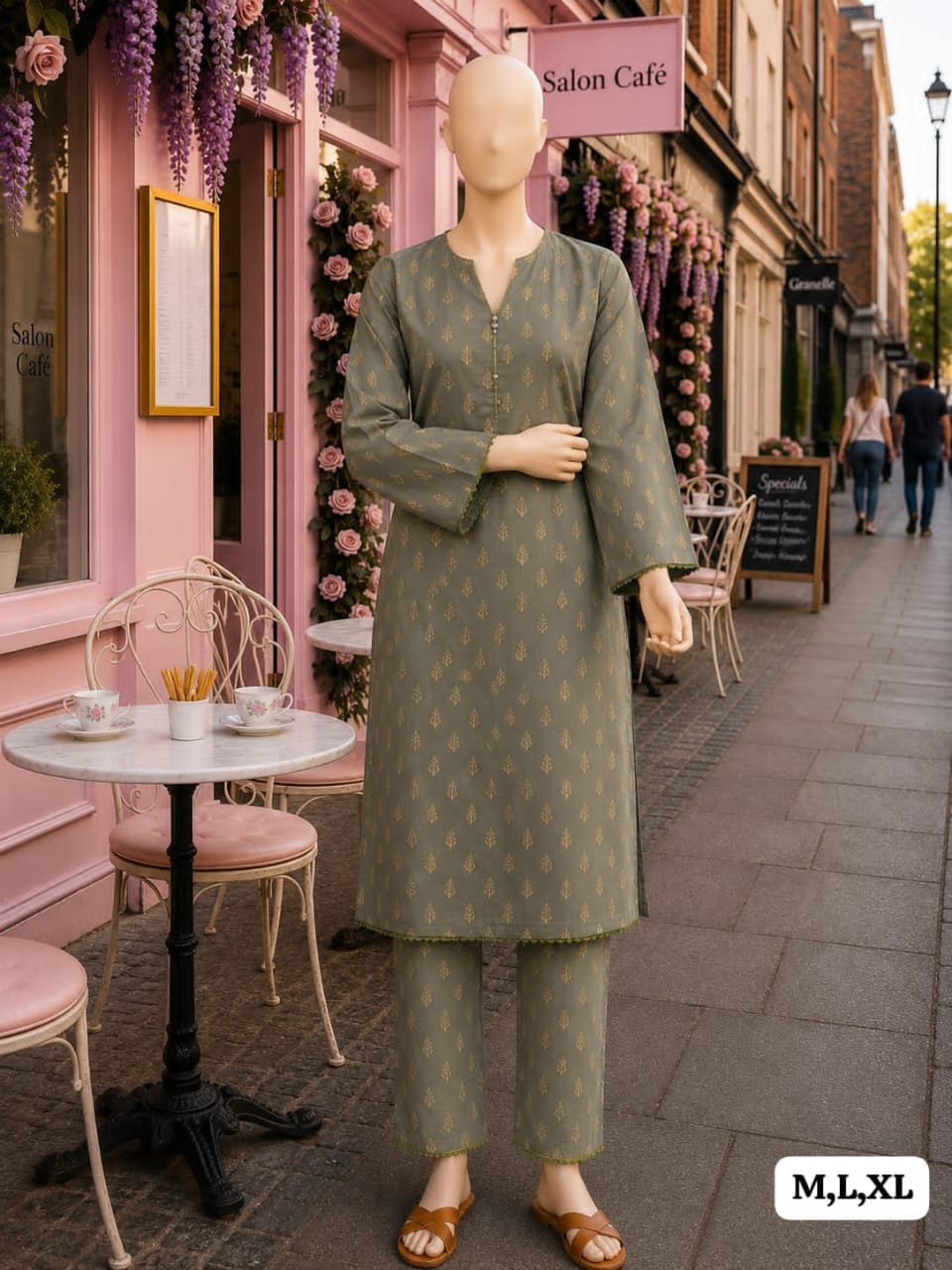 BML-025 Bin Saeed Olive Green & Gold repeating motif printed lawn co-ords with matching shirt and trousers