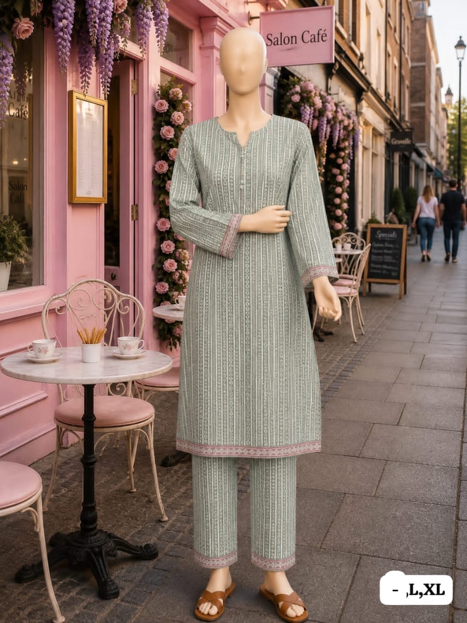 BML-026 Bin Saeed Sage Green geometric stripe printed lawn co-ords with matching shirt and trousers
