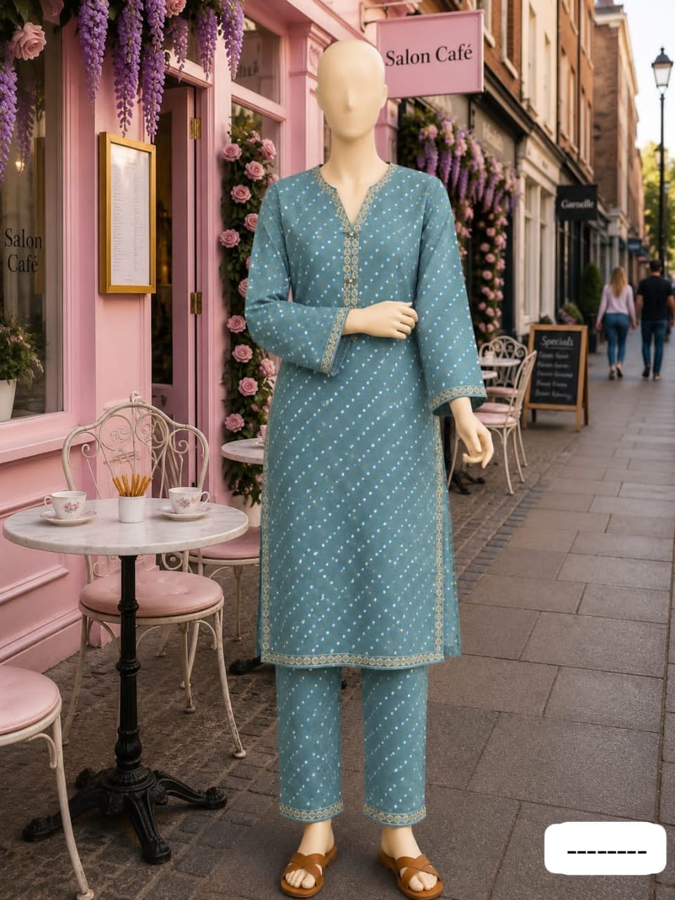 BML-027 Bin Saeed Dusty Teal diagonal dot printed lawn co-ords with matching shirt and trousers