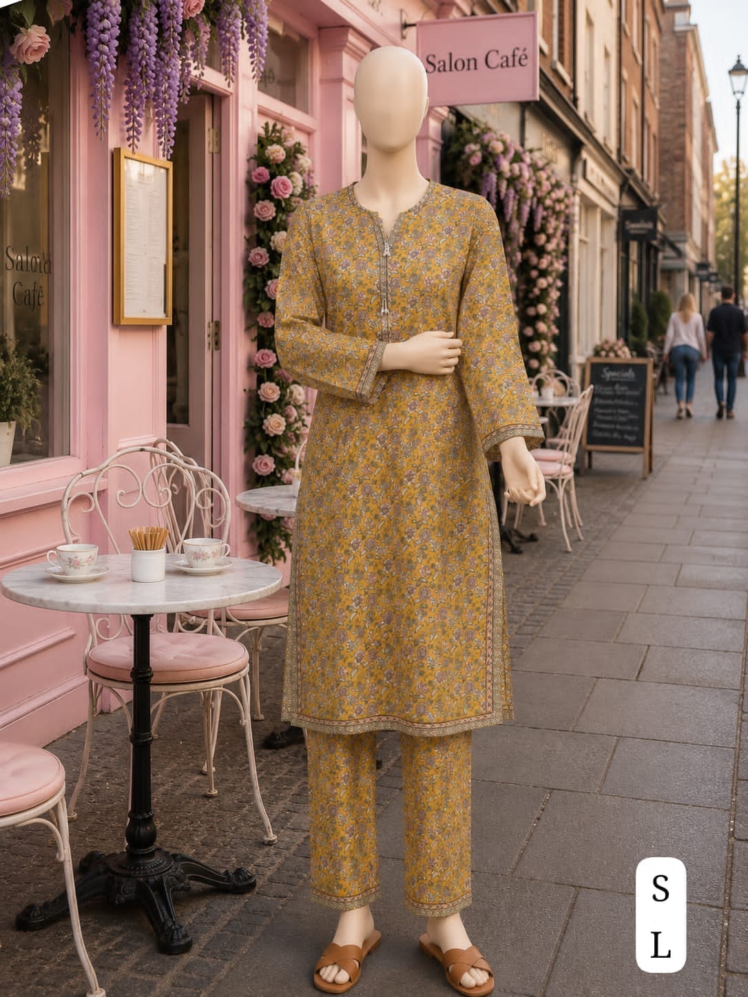 BML-028 Bin Saeed Mustard Gold & Lavender floral printed lawn co-ords with matching shirt and trousers