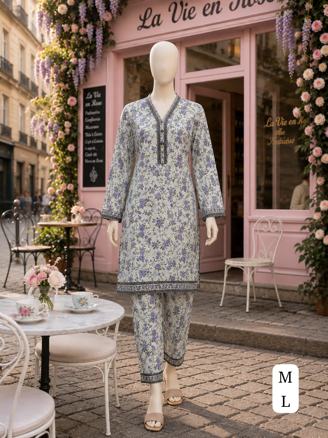BML-029 Bin Saeed Ivory & Violet floral printed lawn co-ords with matching shirt and trousers