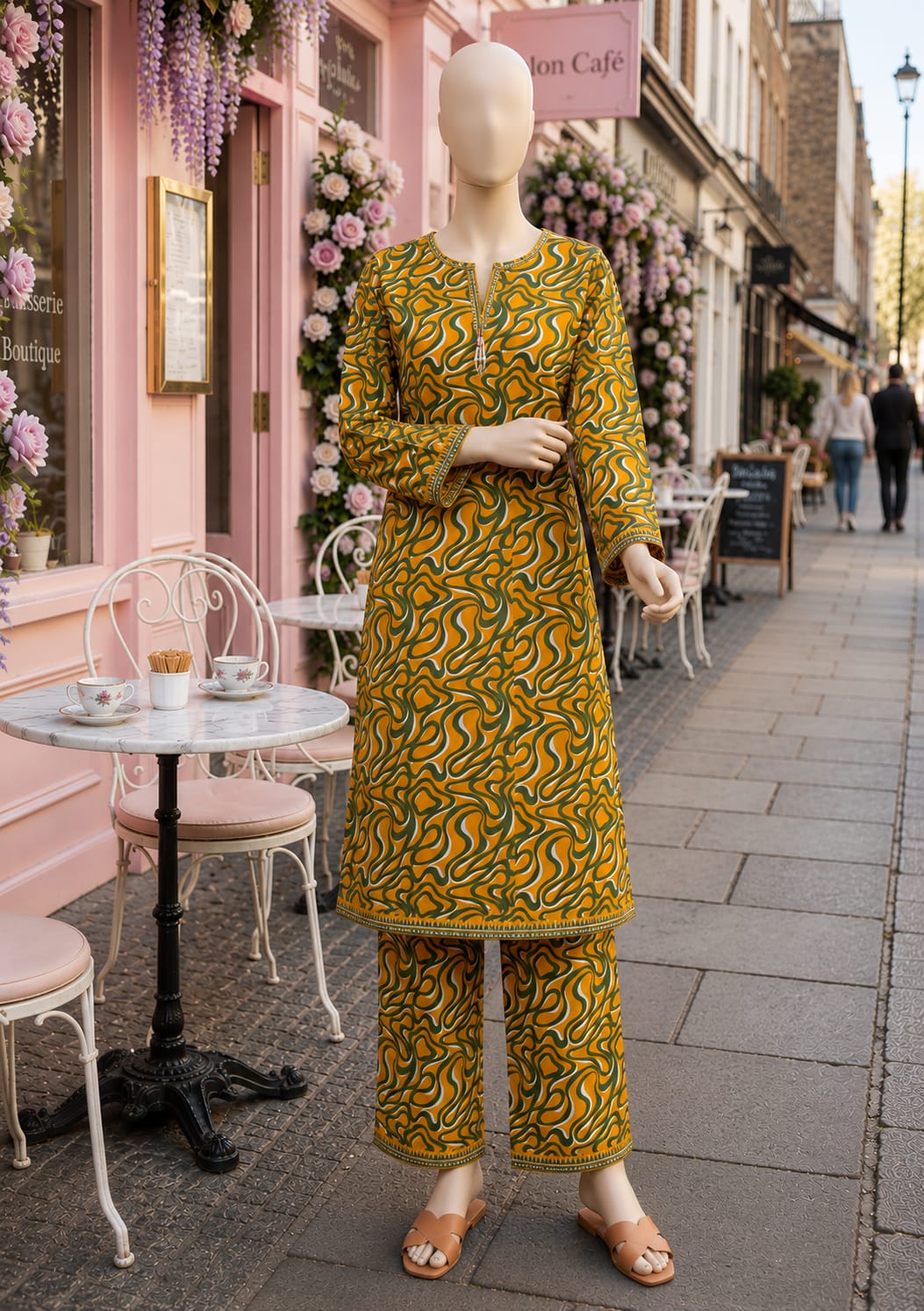 BML-030 Bin Saeed Mustard Yellow & Teal abstract swirl printed lawn co-ords with matching shirt and trousers