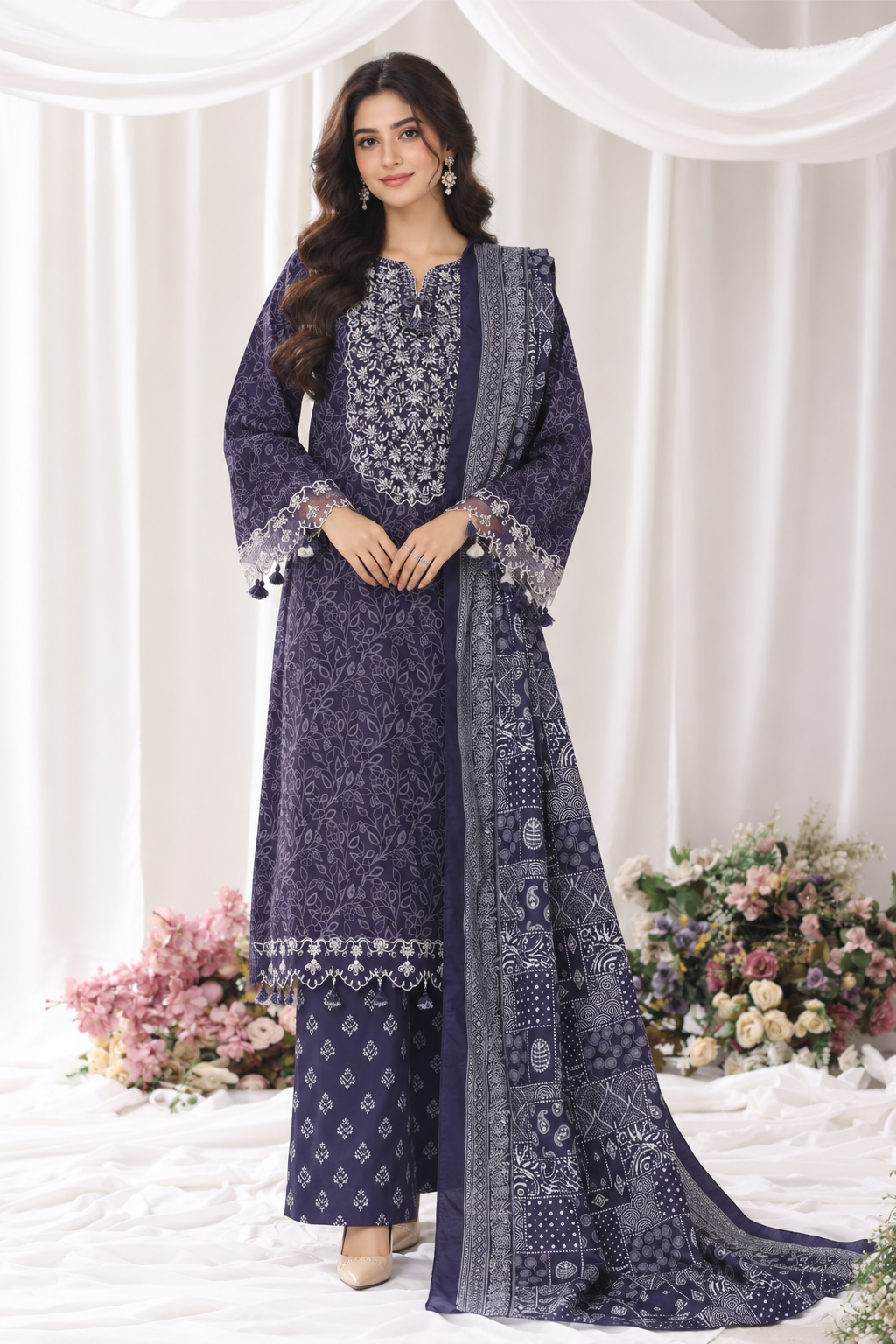 Deep Plum Bin Saeed Luxury Light Viscose three-piece suit with a printed shirt, matching trousers and bordered dupatta, full-length model view