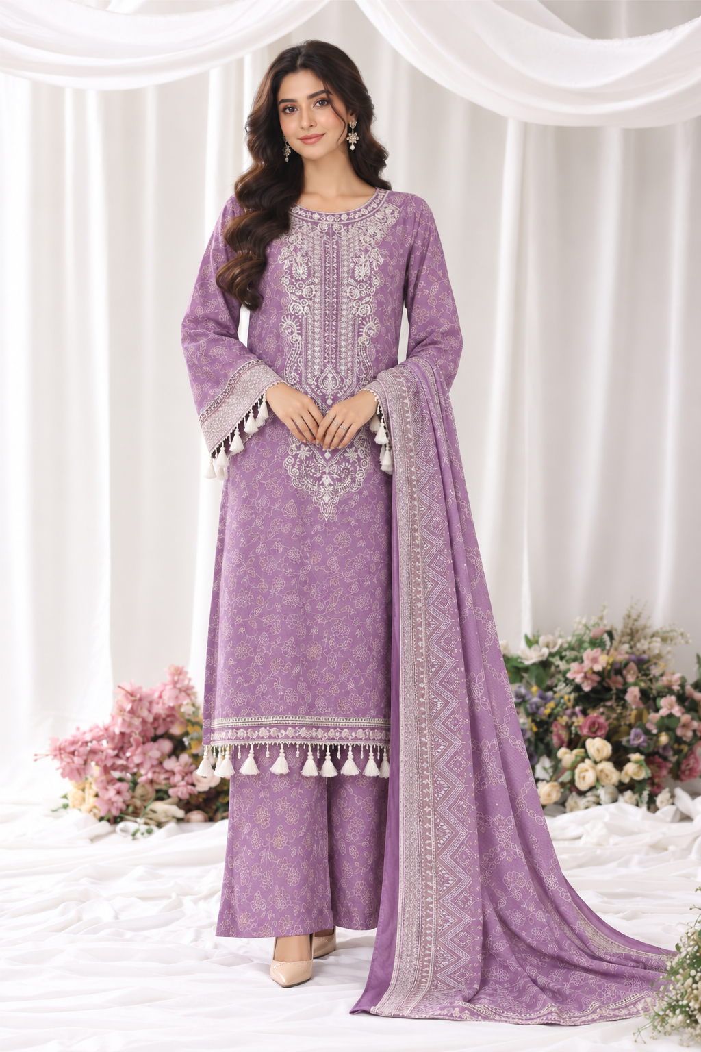 Dusty Lilac Bin Saeed Luxury Light Viscose three-piece suit with a printed shirt, matching trousers and bordered dupatta, full-length model view