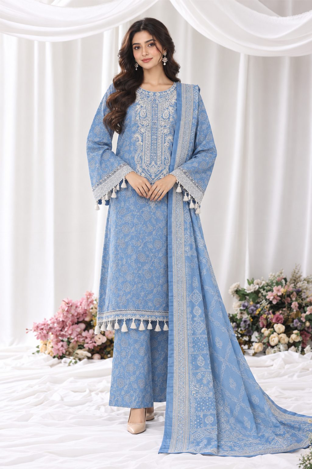 Powder Blue Bin Saeed Luxury Light Viscose three-piece suit with a printed shirt, matching trousers and bordered dupatta, full-length model view