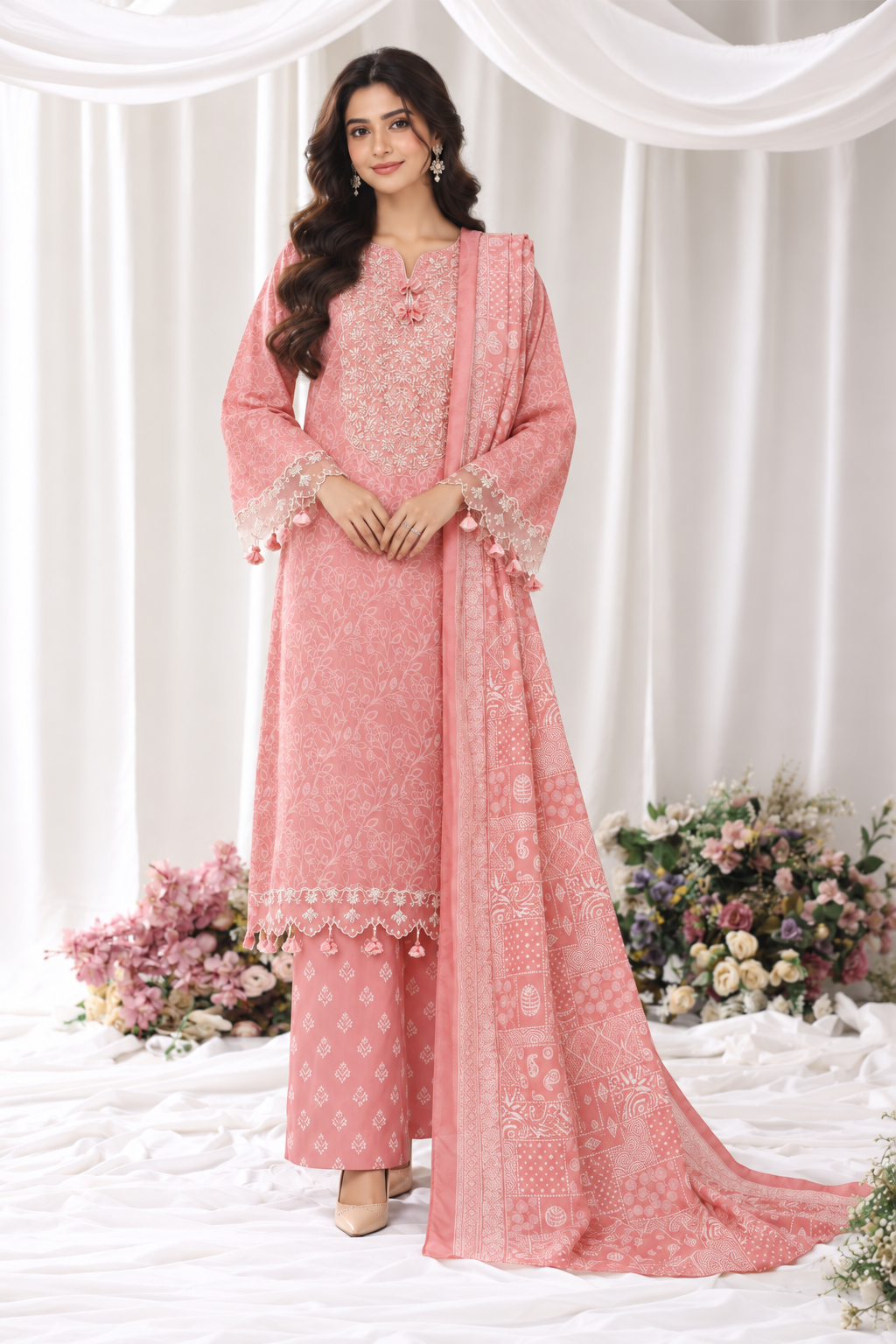 Coral Pink Bin Saeed Luxury Light Viscose three-piece suit with a printed shirt, matching trousers and bordered dupatta, full-length model view
