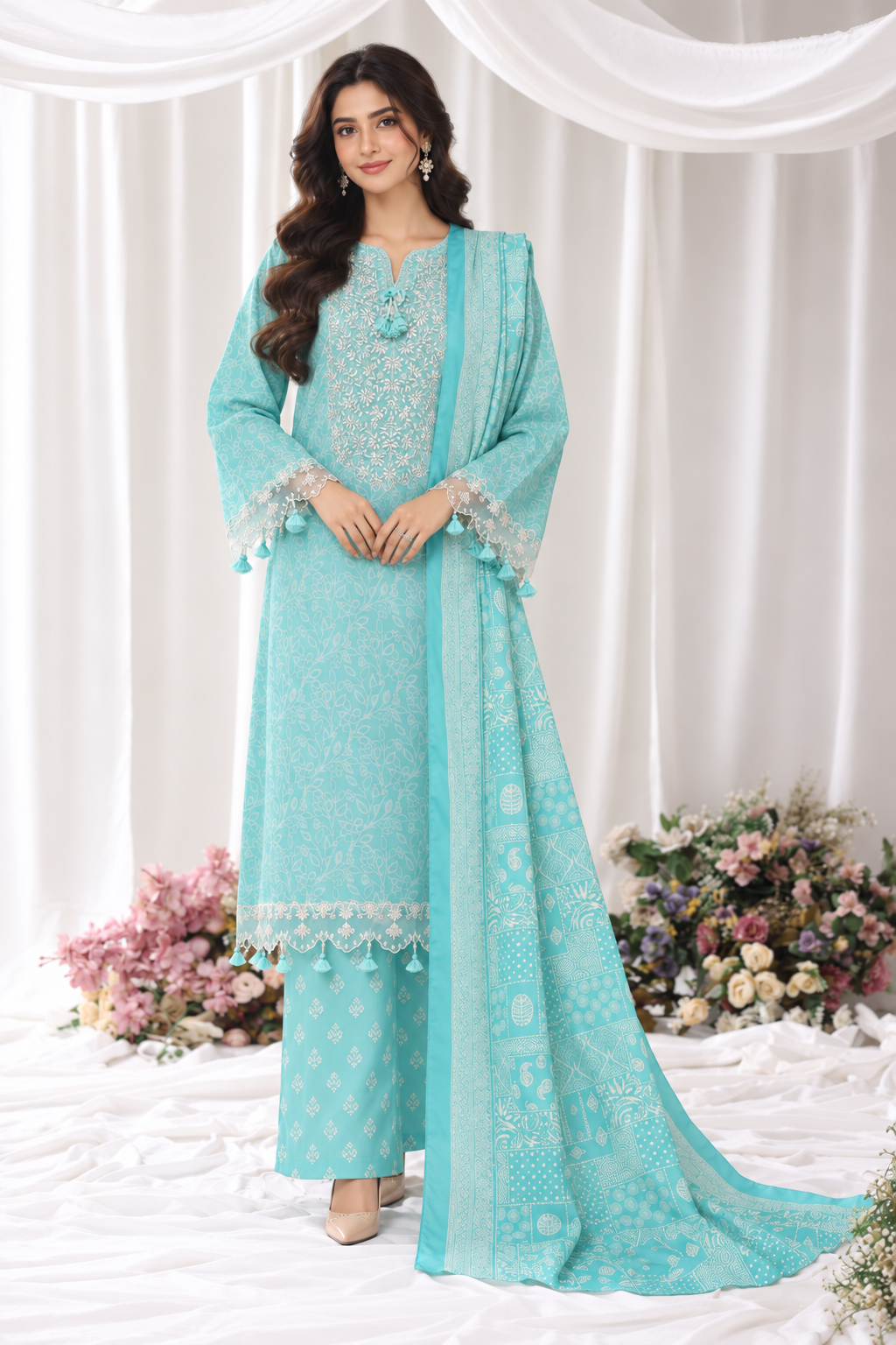 Aqua Blue Bin Saeed Luxury Light Viscose three-piece suit with a printed shirt, matching trousers and bordered dupatta, full-length model view