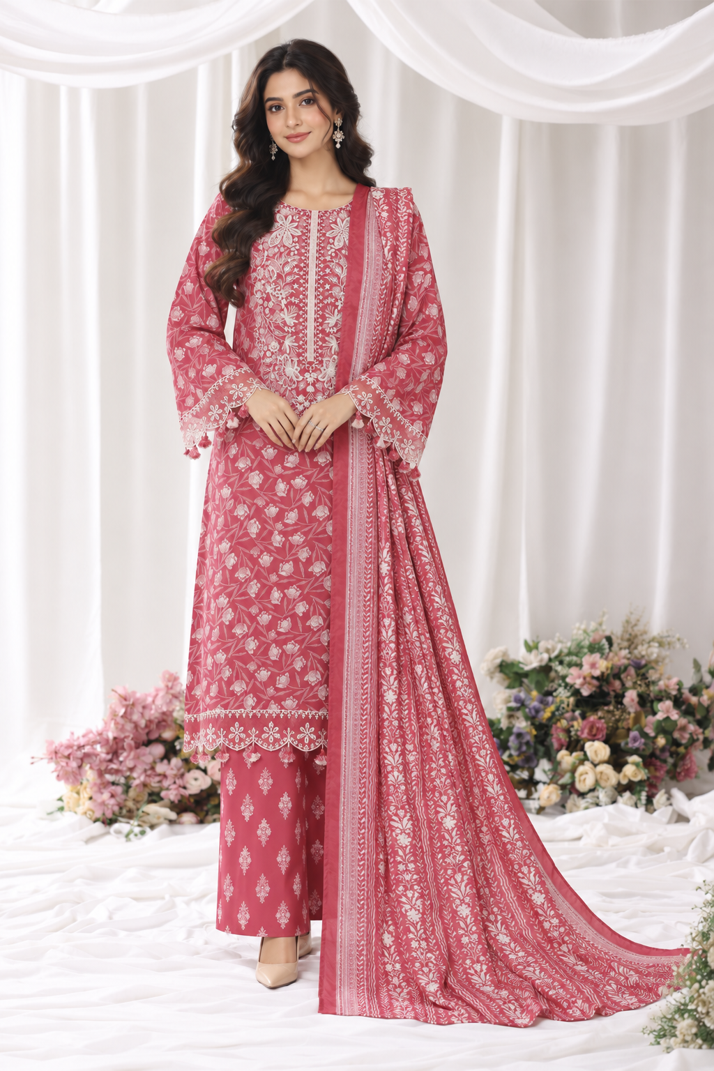 Rose Red Bin Saeed Luxury Light Viscose three-piece suit with a printed shirt, matching trousers and bordered dupatta, full-length model view