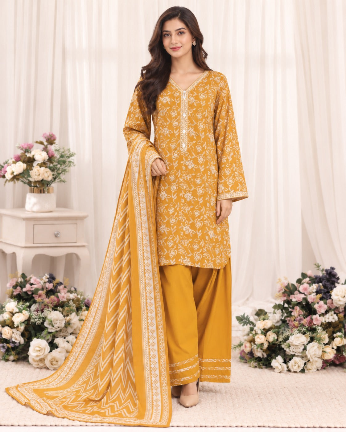 Mustard Gold Bin Saeed Farshi three-piece floral suit with printed shirt, coordinating bottoms and dupatta, full-length model view
