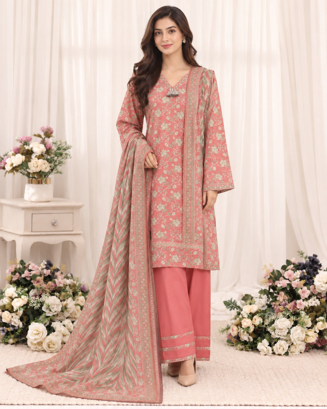 Coral Pink & Sage Bin Saeed Farshi three-piece floral suit with printed shirt, coordinating bottoms and dupatta, full-length model view
