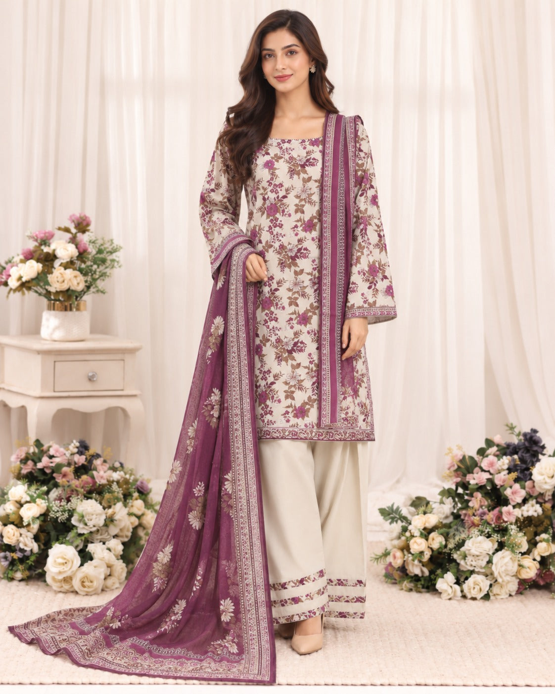 Ivory & Plum Bin Saeed Farshi three-piece floral suit with printed shirt, coordinating bottoms and dupatta, full-length model view