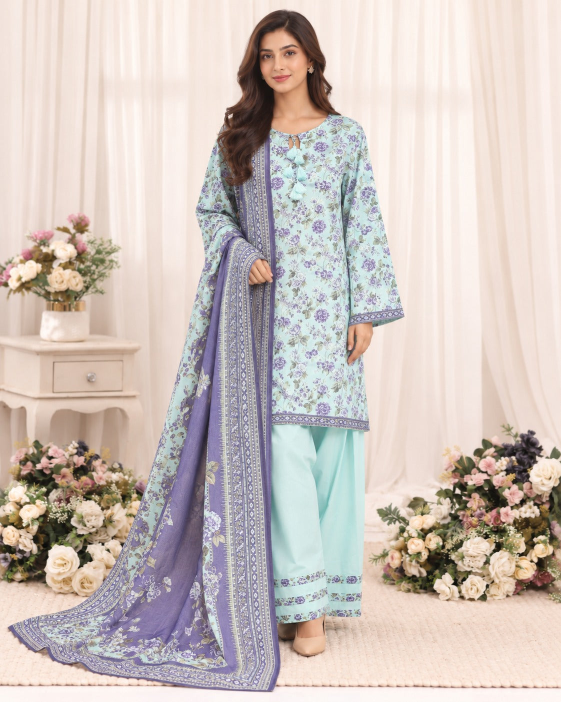Mint & Lavender Bin Saeed Farshi three-piece floral suit with printed shirt, coordinating bottoms and dupatta, full-length model view