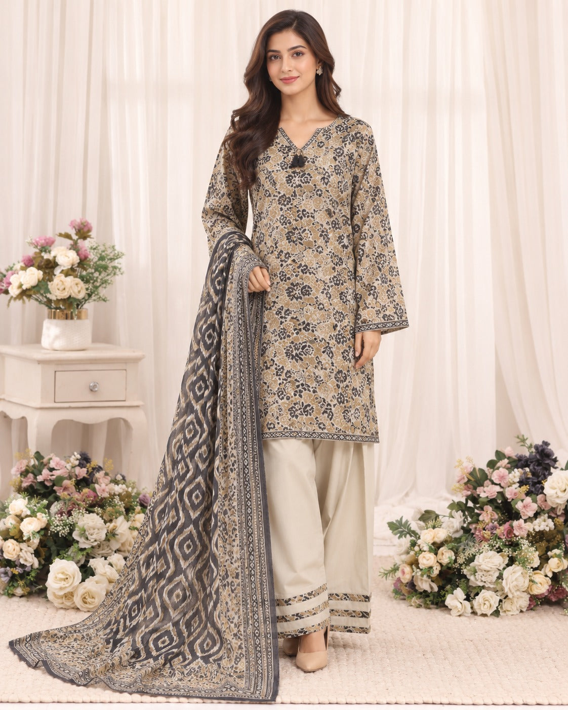 Sand Beige & Black Bin Saeed Farshi three-piece motif print suit with printed shirt, coordinating bottoms and dupatta, full-length model view