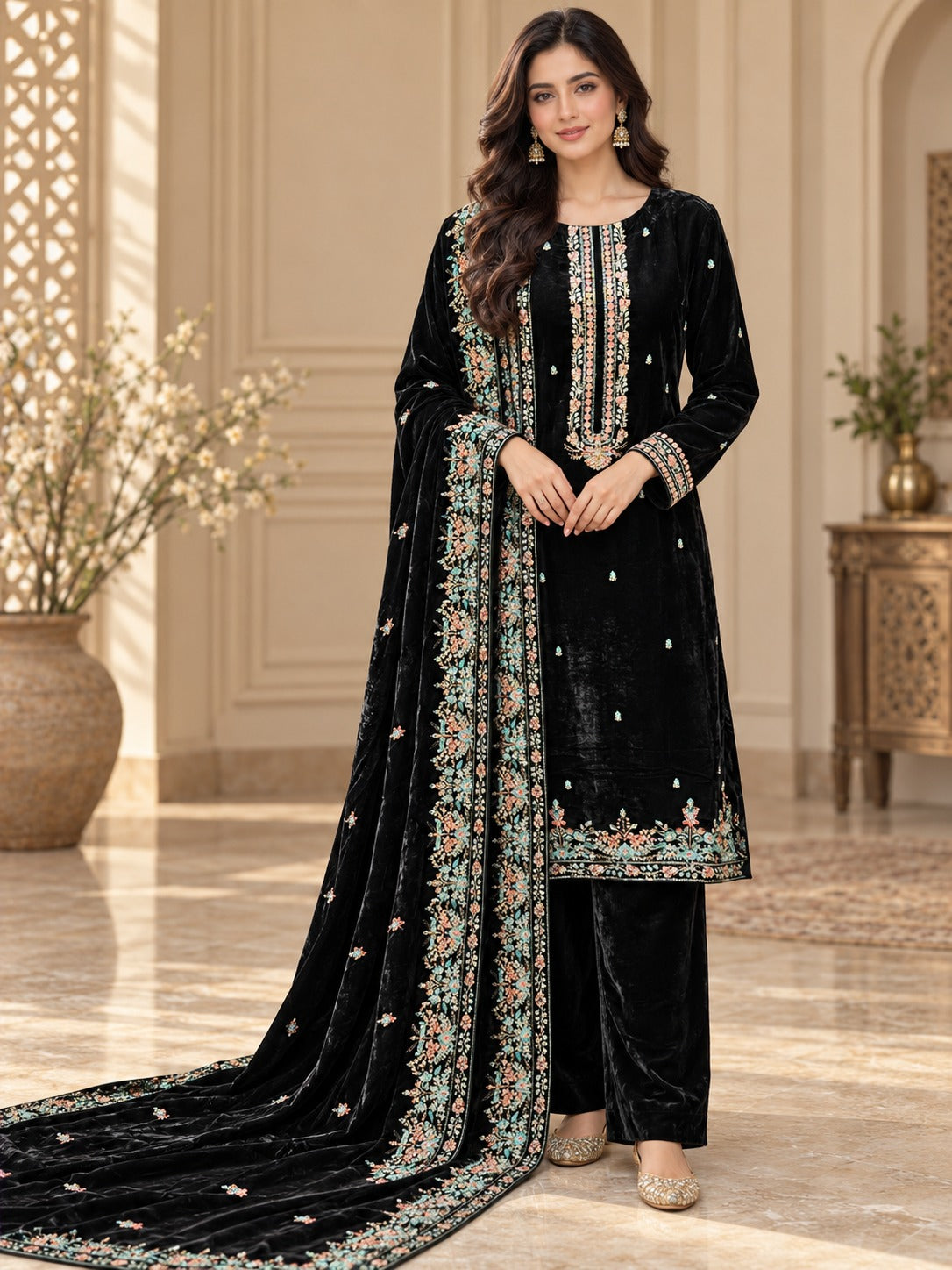 Black floral embroidered three-piece velvet suit with matching shirt, trousers and bordered dupatta, full-length model view