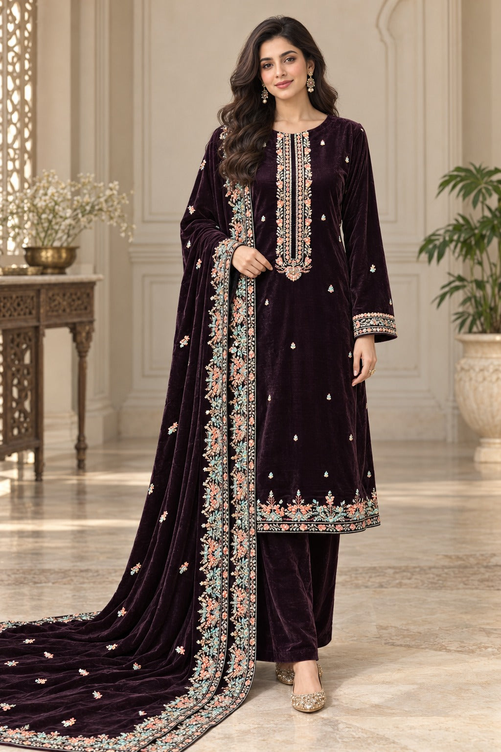 Dark Plum floral embroidered three-piece velvet suit with matching shirt, trousers and bordered dupatta, full-length model view