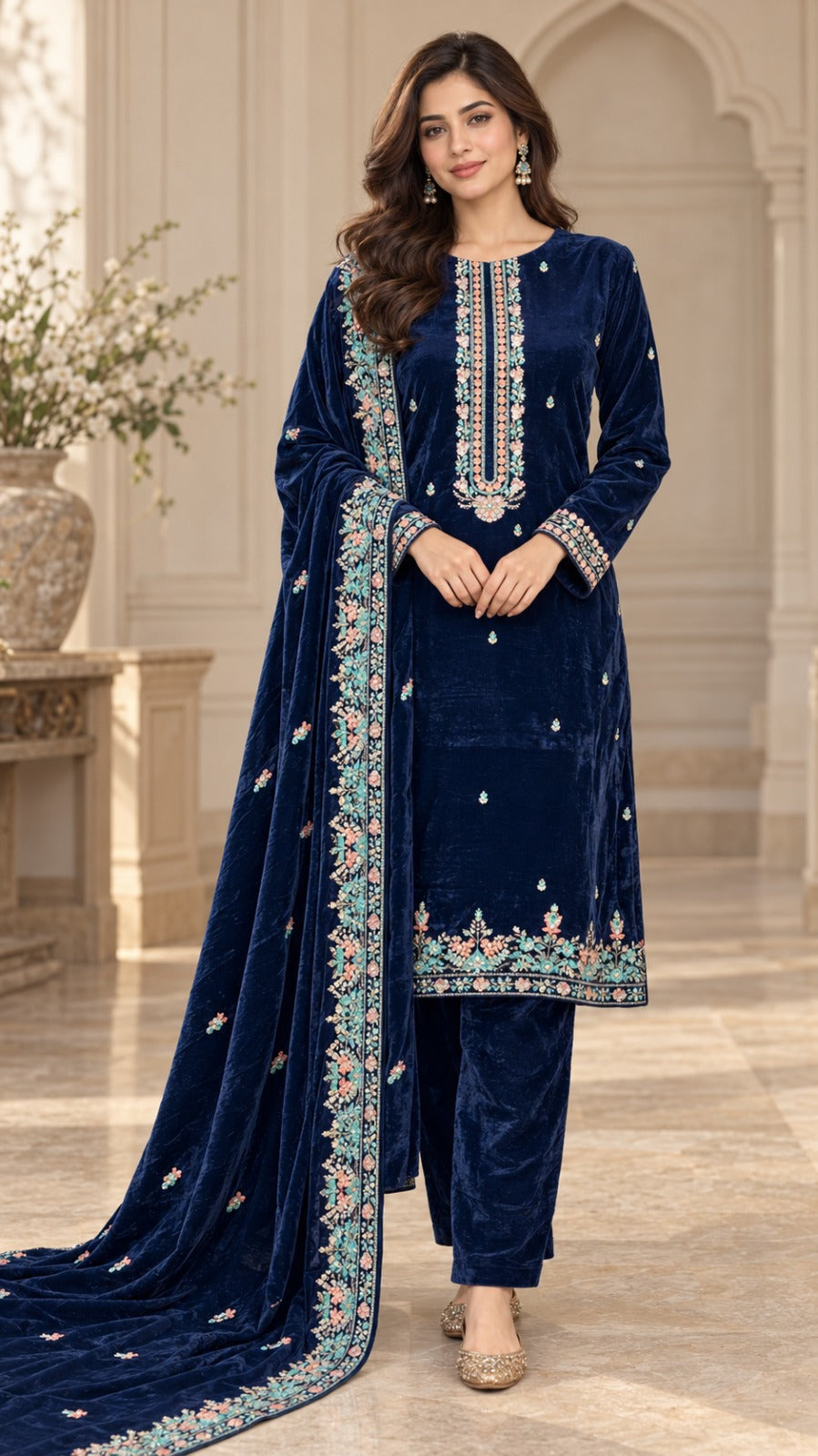 Navy Blue floral embroidered three-piece velvet suit with matching shirt, trousers and bordered dupatta, full-length model view