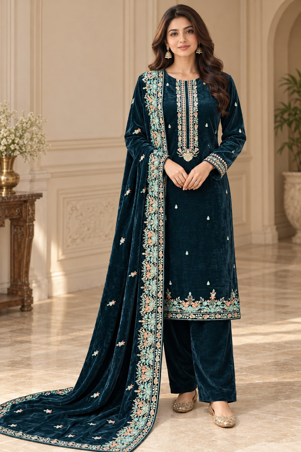 Teal Blue floral embroidered three-piece velvet suit with matching shirt, trousers and bordered dupatta, full-length model view