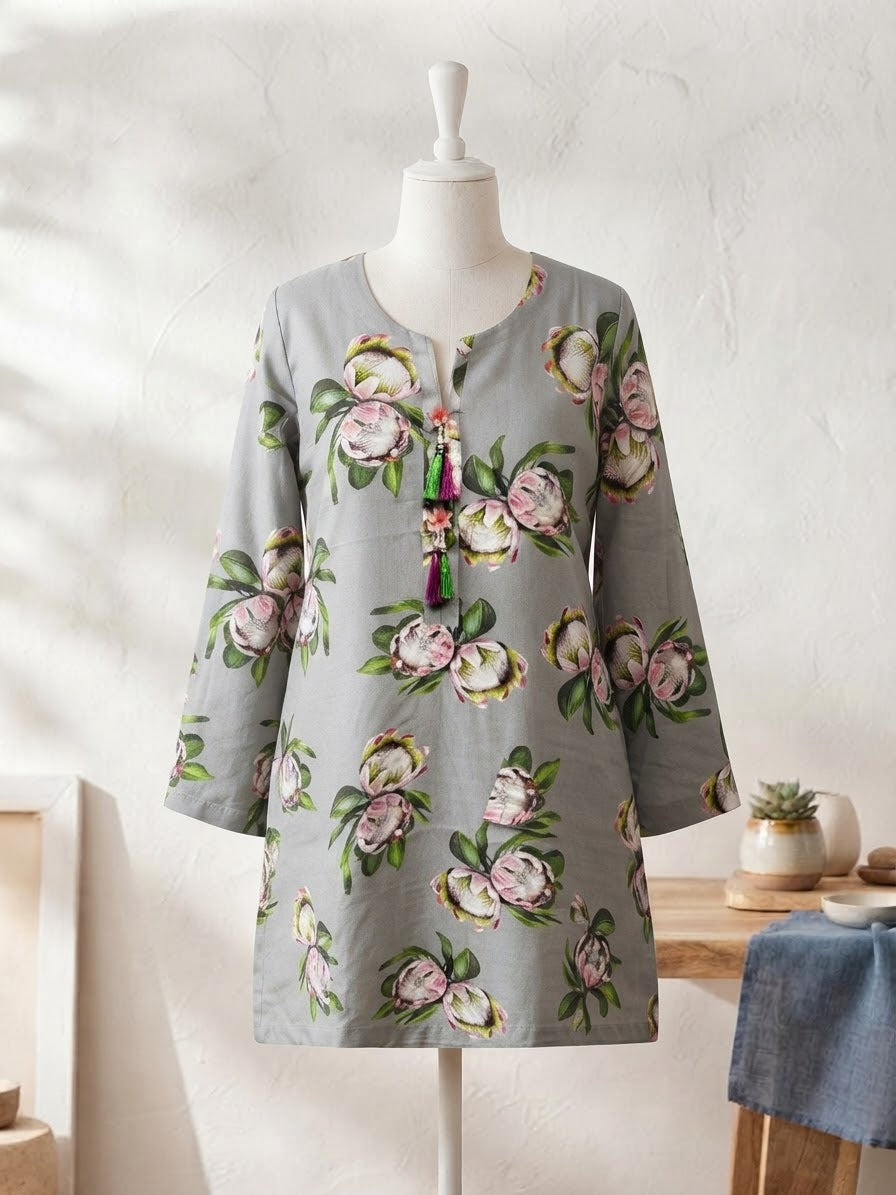 BMLK-001 Boski Linen Kurti - Grey Floral