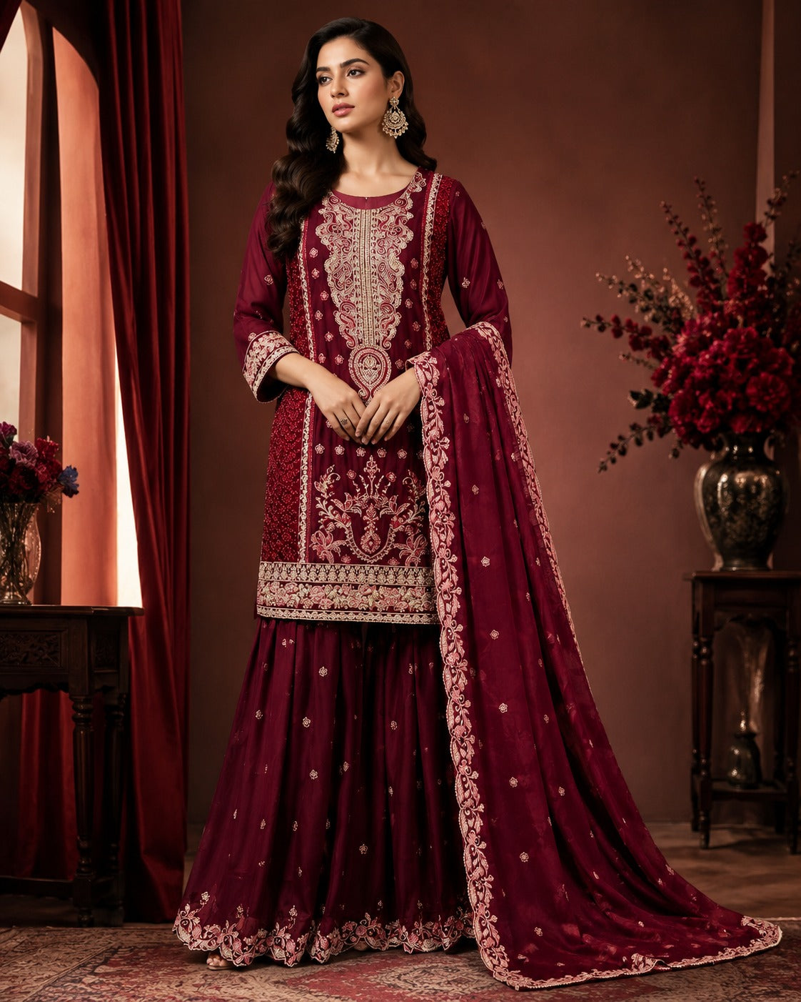 BM-CH-005 - Burgundy - Heritage Embroidered Chiffon Gharara 3 Piece Suit