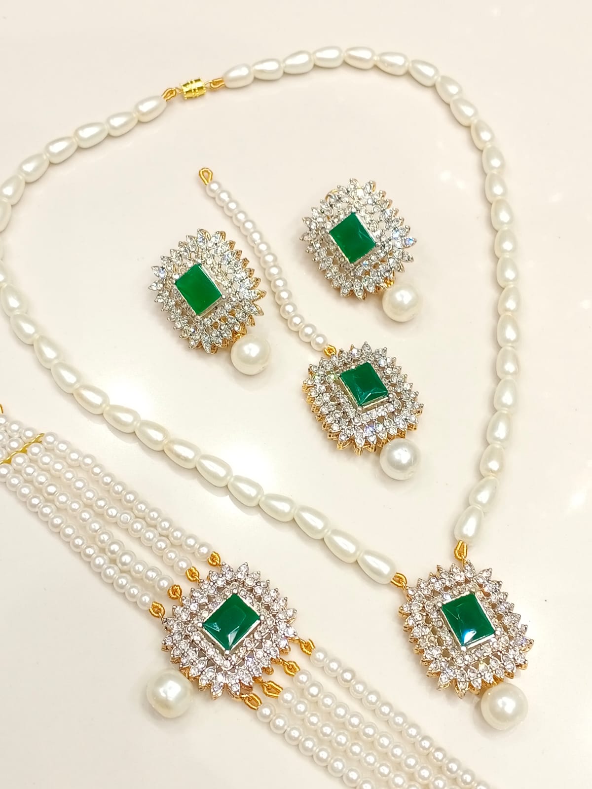 Complete 4 - Piece Pearl & Crystal Jewelry Set | Necklace, Earrings, Tikka & Bracelet BMJ - 003 - Boutique By MaryamBoutique By MaryamBoutique By MaryamgreenComplete 4 - Piece Pearl & Crystal Jewelry Set | Necklace, Earrings, Tikka & Bracelet BMJ - 003