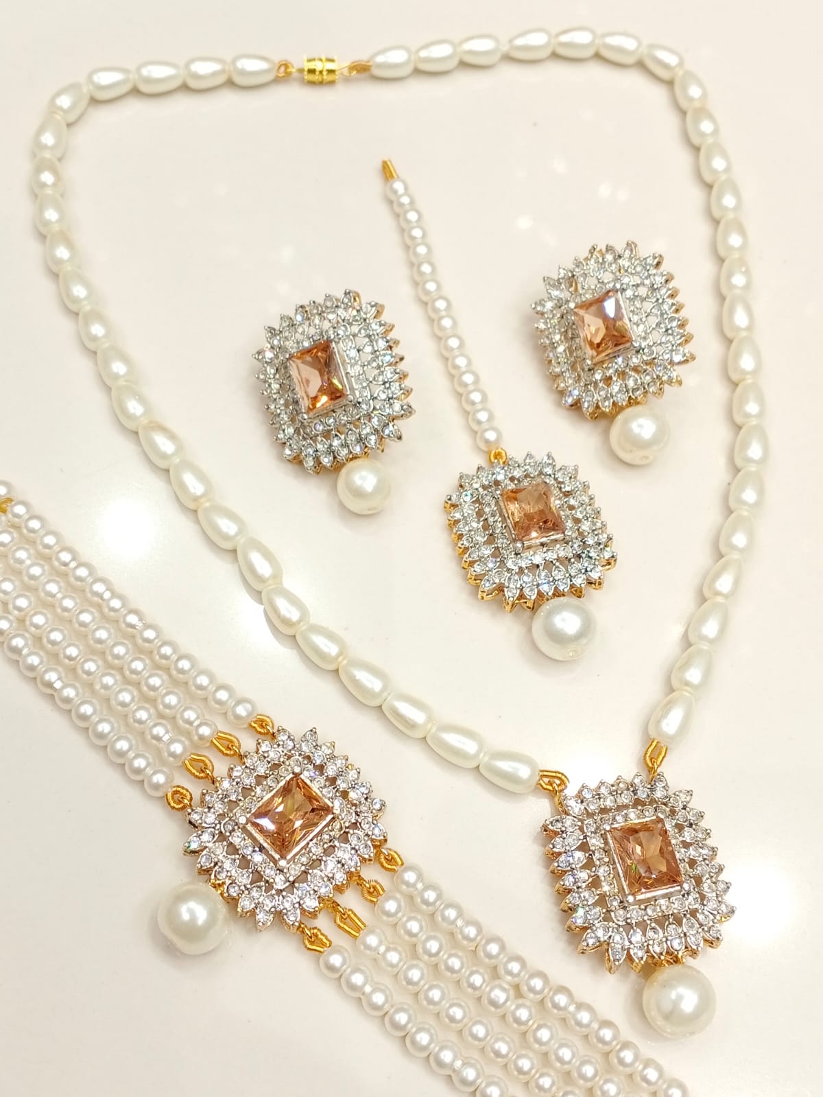 Complete 4 - Piece Pearl & Crystal Jewelry Set | Necklace, Earrings, Tikka & Bracelet BMJ - 003 - Boutique By MaryamBoutique By MaryamBoutique By MaryamchampagneComplete 4 - Piece Pearl & Crystal Jewelry Set | Necklace, Earrings, Tikka & Bracelet BMJ - 003