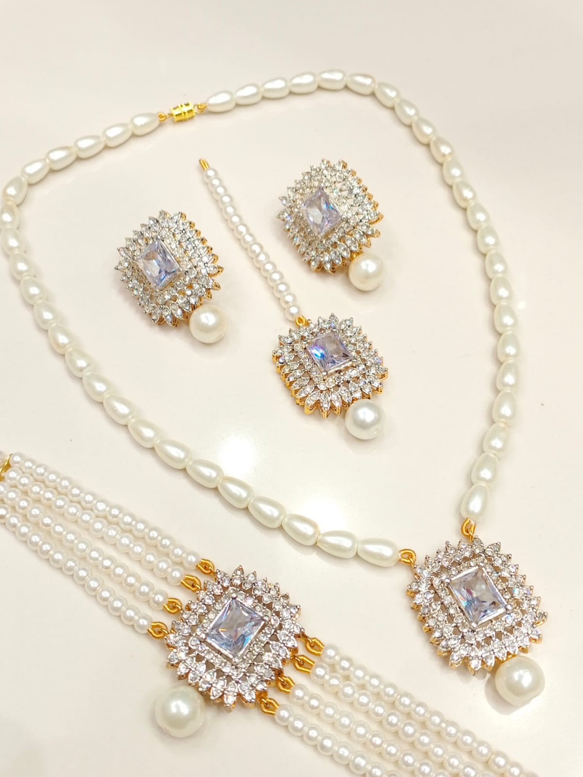 Complete 4 - Piece Pearl & Crystal Jewelry Set | Necklace, Earrings, Tikka & Bracelet BMJ - 003 - Boutique By MaryamBoutique By MaryamBoutique By MaryamsilverComplete 4 - Piece Pearl & Crystal Jewelry Set | Necklace, Earrings, Tikka & Bracelet BMJ - 003