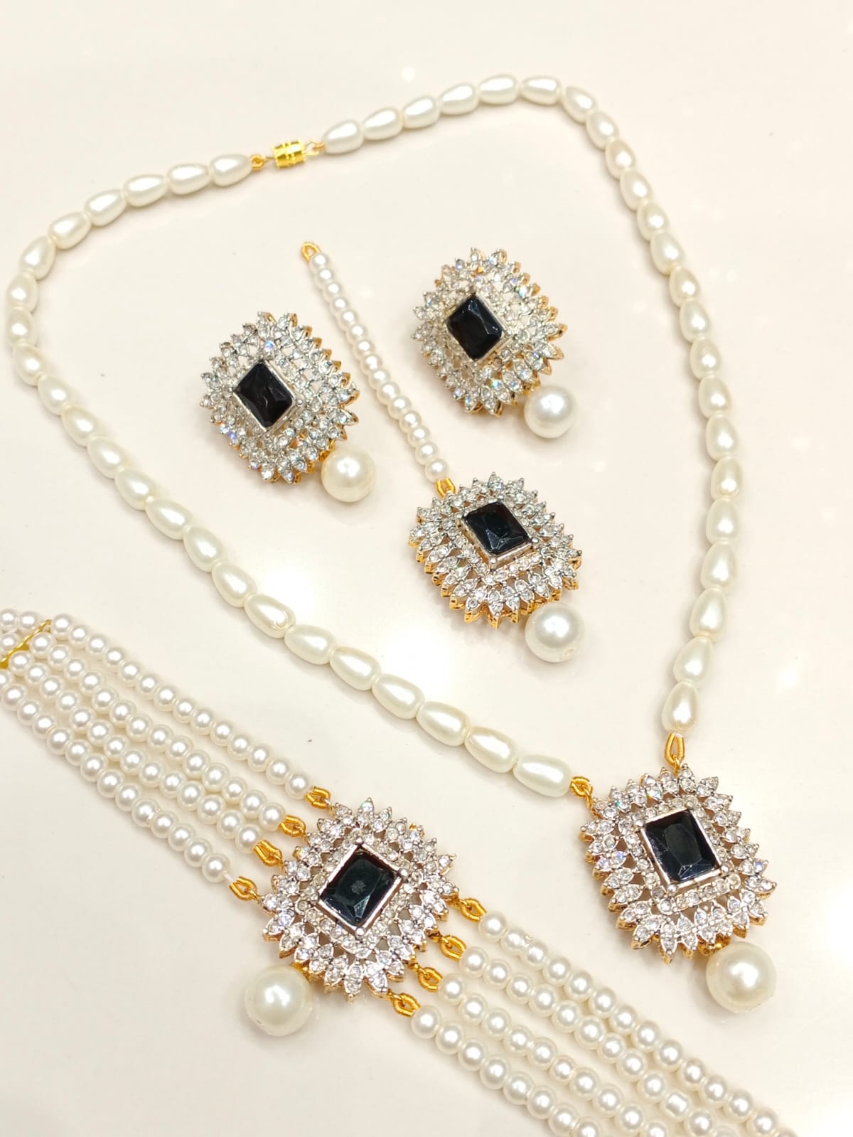 Complete 4 - Piece Pearl & Crystal Jewelry Set | Necklace, Earrings, Tikka & Bracelet BMJ - 003 - Boutique By MaryamBoutique By MaryamBoutique By Maryammidnight - blackComplete 4 - Piece Pearl & Crystal Jewelry Set | Necklace, Earrings, Tikka & Bracelet BMJ - 003