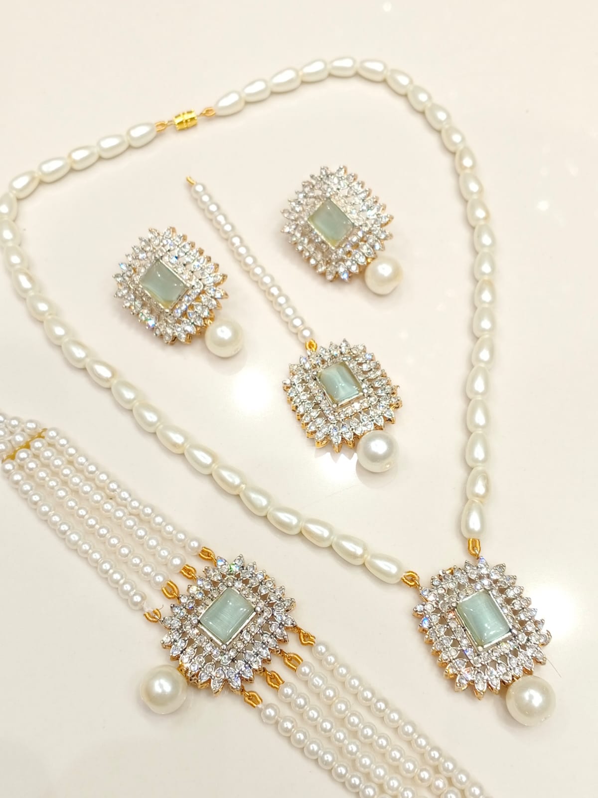 Complete 4 - Piece Pearl & Crystal Jewelry Set | Necklace, Earrings, Tikka & Bracelet BMJ - 003 - Boutique By MaryamBoutique By MaryamBoutique By Maryammint - greenComplete 4 - Piece Pearl & Crystal Jewelry Set | Necklace, Earrings, Tikka & Bracelet BMJ - 003