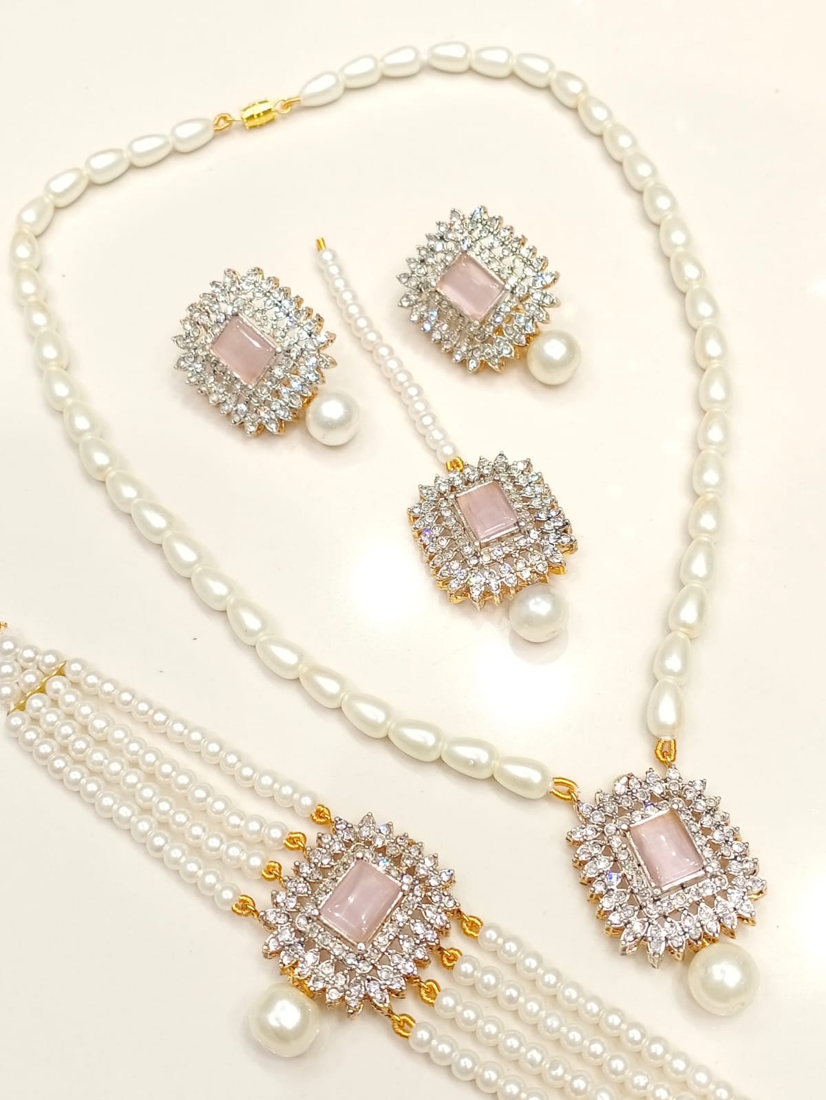 Complete 4 - Piece Pearl & Crystal Jewelry Set | Necklace, Earrings, Tikka & Bracelet BMJ - 003 - Boutique By MaryamBoutique By MaryamBoutique By MaryampinkComplete 4 - Piece Pearl & Crystal Jewelry Set | Necklace, Earrings, Tikka & Bracelet BMJ - 003