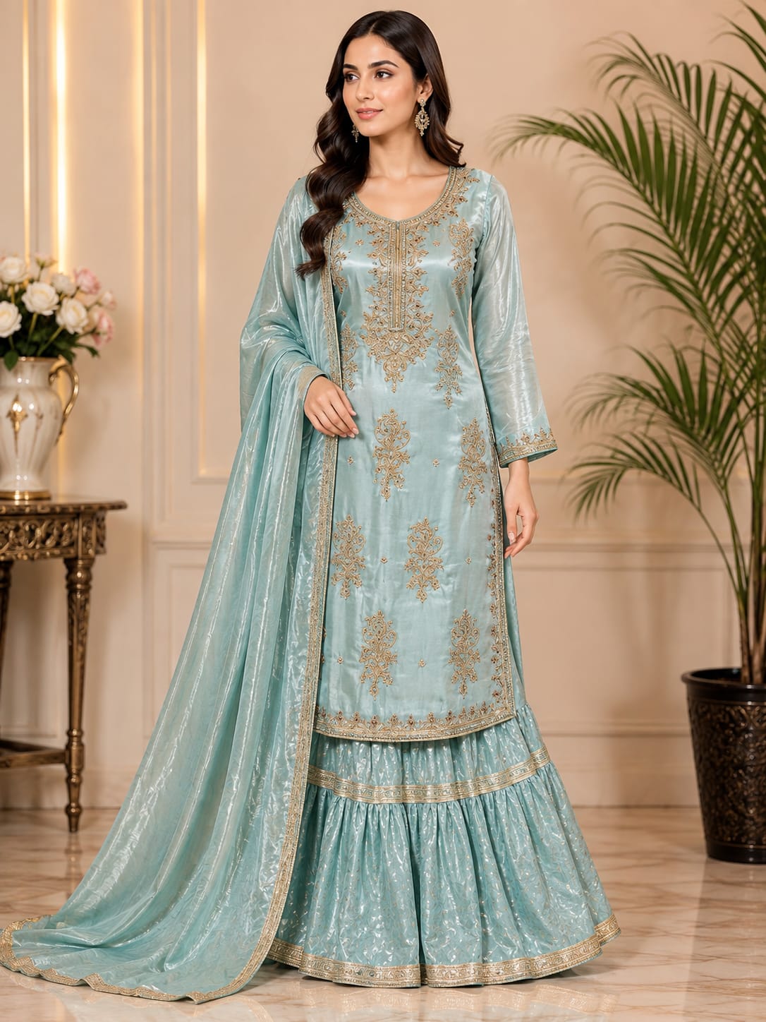 FL-01 - Sky Blue - Shesha Silk Farshi Lehenga 3 Piece Set