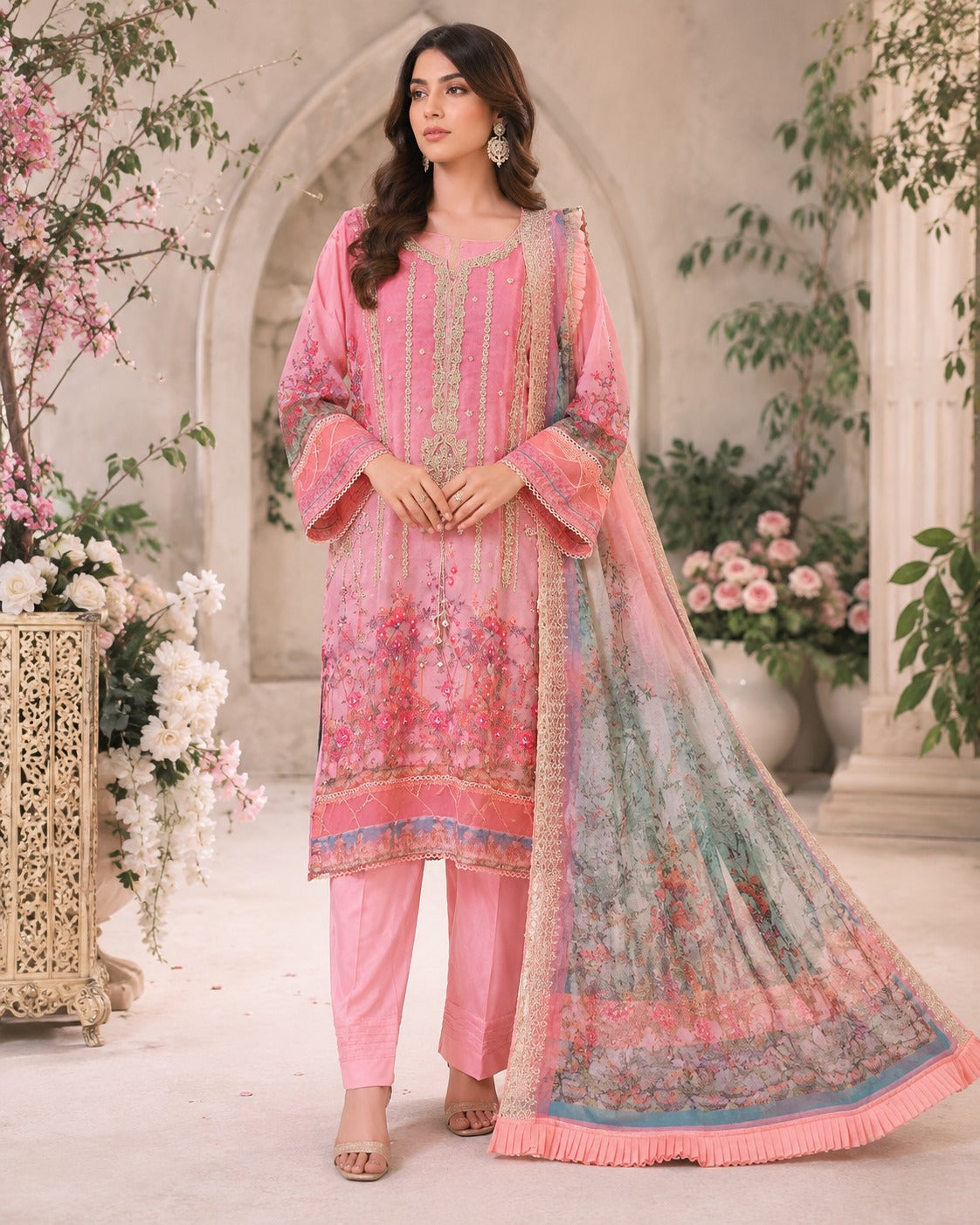 BM-CH-006 - Blush Pink - Floral Printed Embroidered Chiffon 3 Piece Suit