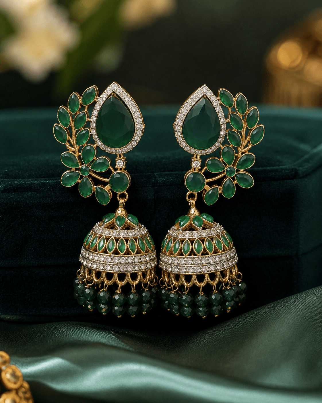 EAR - 001 Traditional Gold - Tone Jhumka Earrings with Teardrop Stud - Boutique By MaryamBoutique By MaryamBoutique By Maryamlight greenEAR - 001 Traditional Gold - Tone Jhumka Earrings with Teardrop Stud