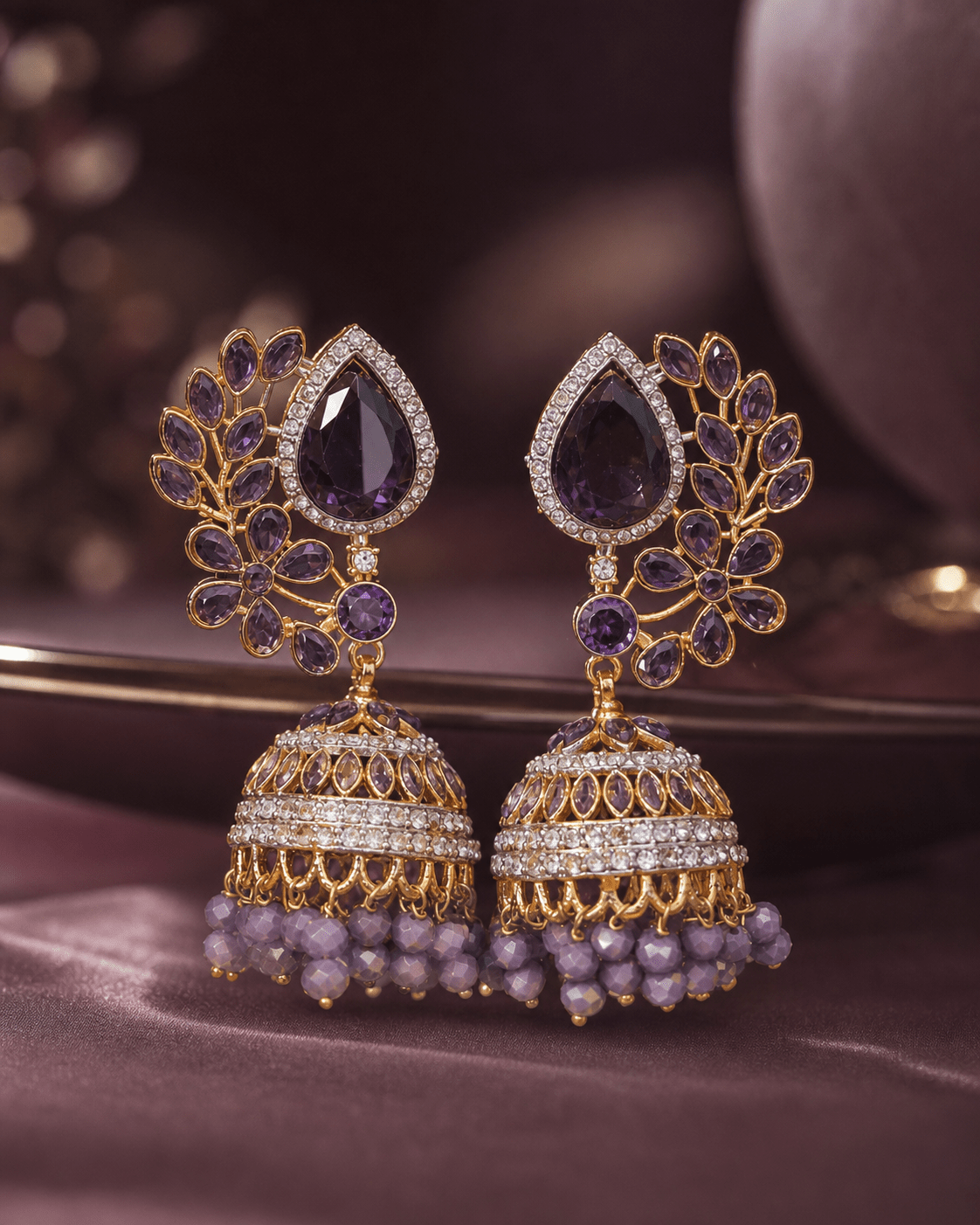 EAR - 001 Traditional Gold - Tone Jhumka Earrings with Teardrop Stud - Boutique By MaryamBoutique By MaryamBoutique By MaryamPurpleEAR - 001 Traditional Gold - Tone Jhumka Earrings with Teardrop Stud