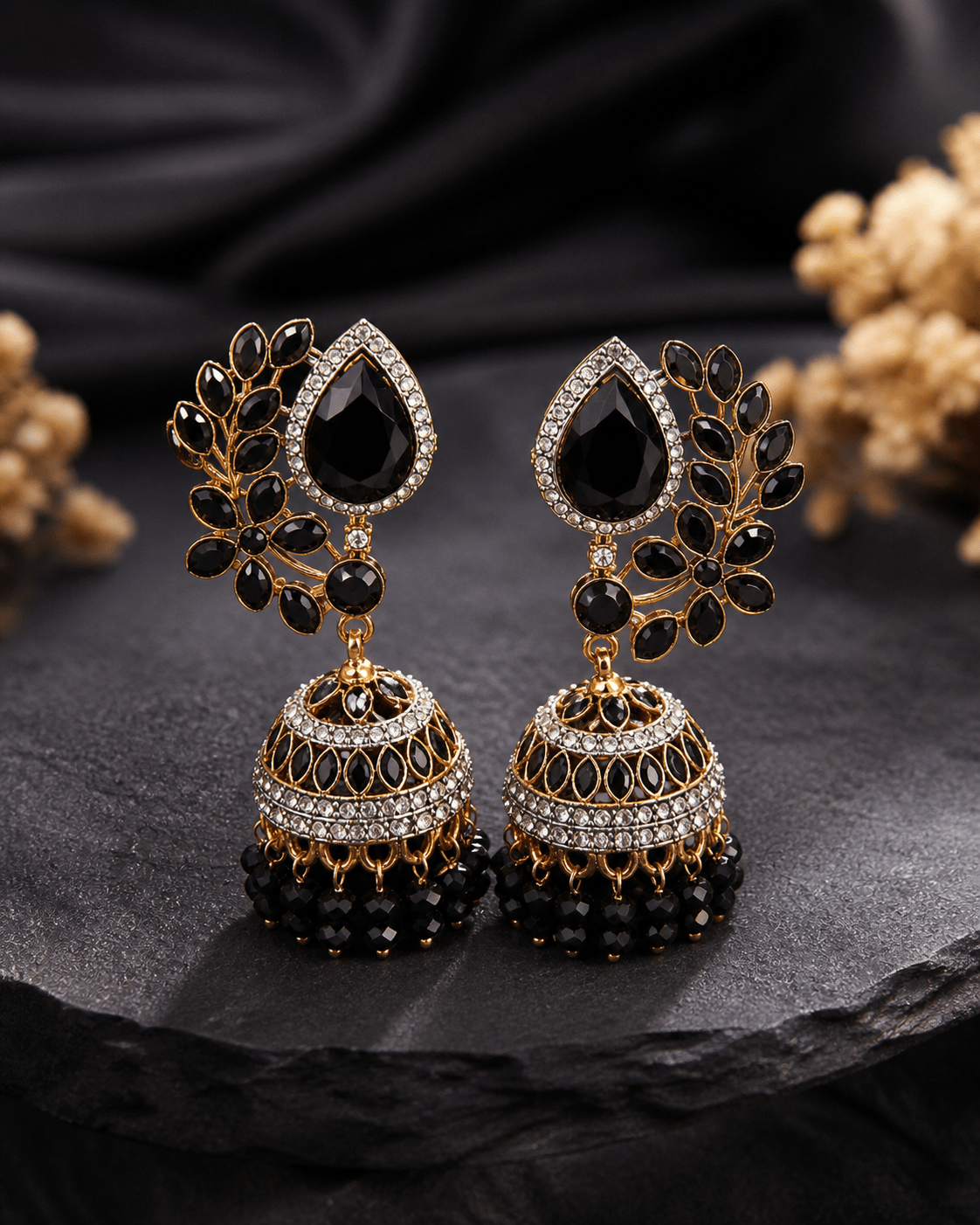 EAR - 001 Traditional Gold - Tone Jhumka Earrings with Teardrop Stud - Boutique By MaryamBoutique By MaryamBoutique By MaryamBlackEAR - 001 Traditional Gold - Tone Jhumka Earrings with Teardrop Stud