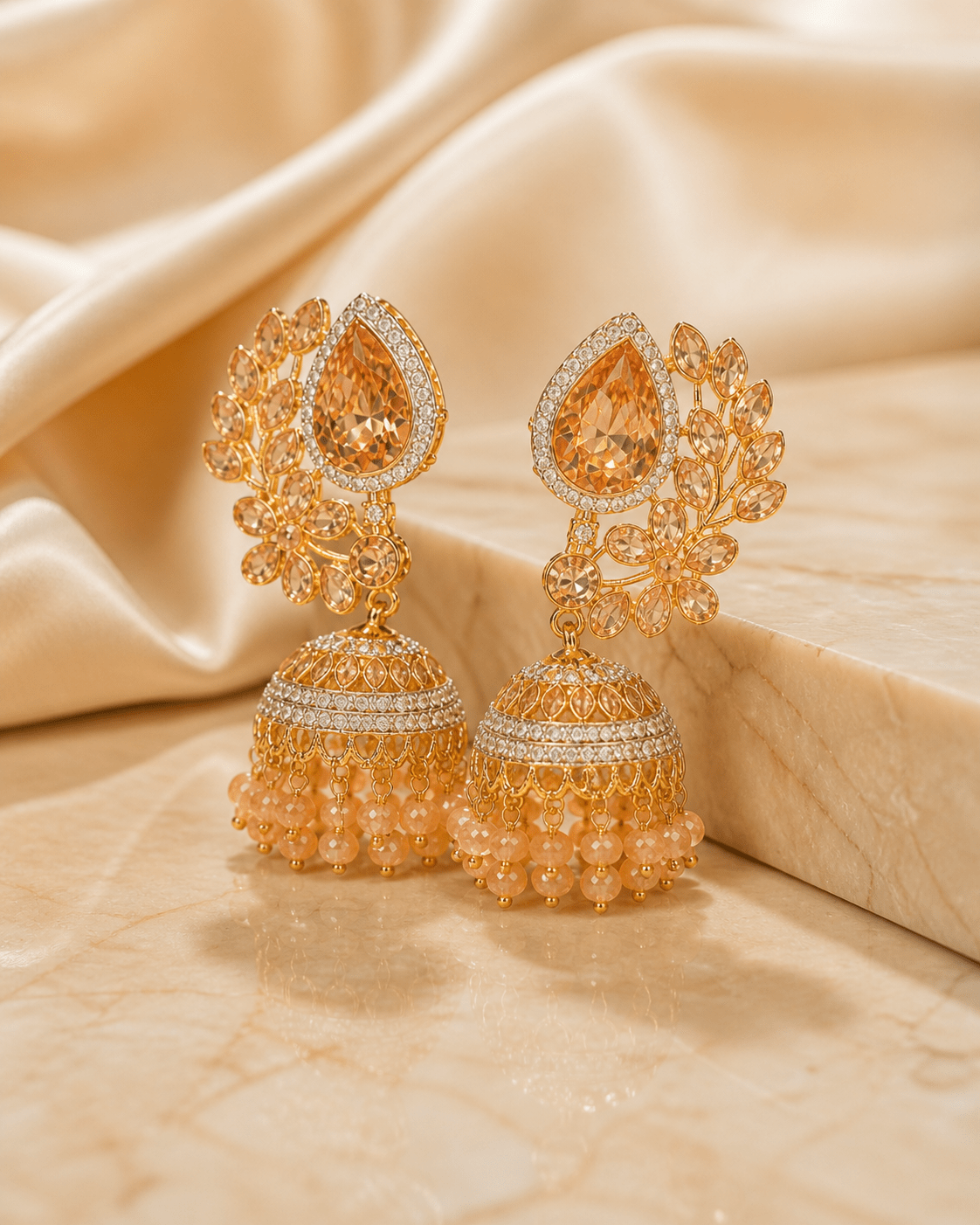 EAR - 001 Traditional Gold - Tone Jhumka Earrings with Teardrop Stud - Boutique By MaryamBoutique By MaryamBoutique By MaryamChampagneEAR - 001 Traditional Gold - Tone Jhumka Earrings with Teardrop Stud