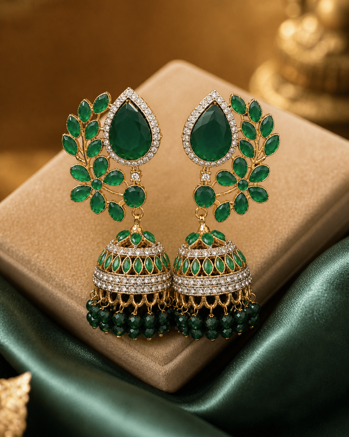 EAR - 001 Traditional Gold - Tone Jhumka Earrings with Teardrop Stud - Boutique By MaryamBoutique By MaryamBoutique By Maryamlight greenEAR - 001 Traditional Gold - Tone Jhumka Earrings with Teardrop Stud