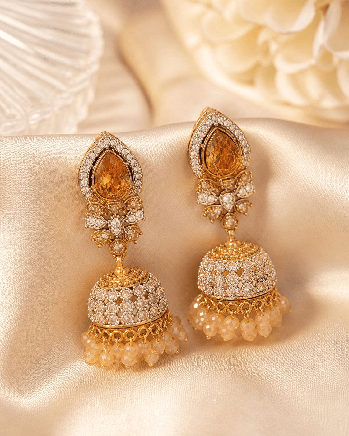 EAR - 002 Traditional Teardrop Jhumka Earrings with Pearl - Style Drops - Boutique By MaryamBoutique By MaryamBoutique By MaryamChampagneEAR - 002 Traditional Teardrop Jhumka Earrings with Pearl - Style Drops