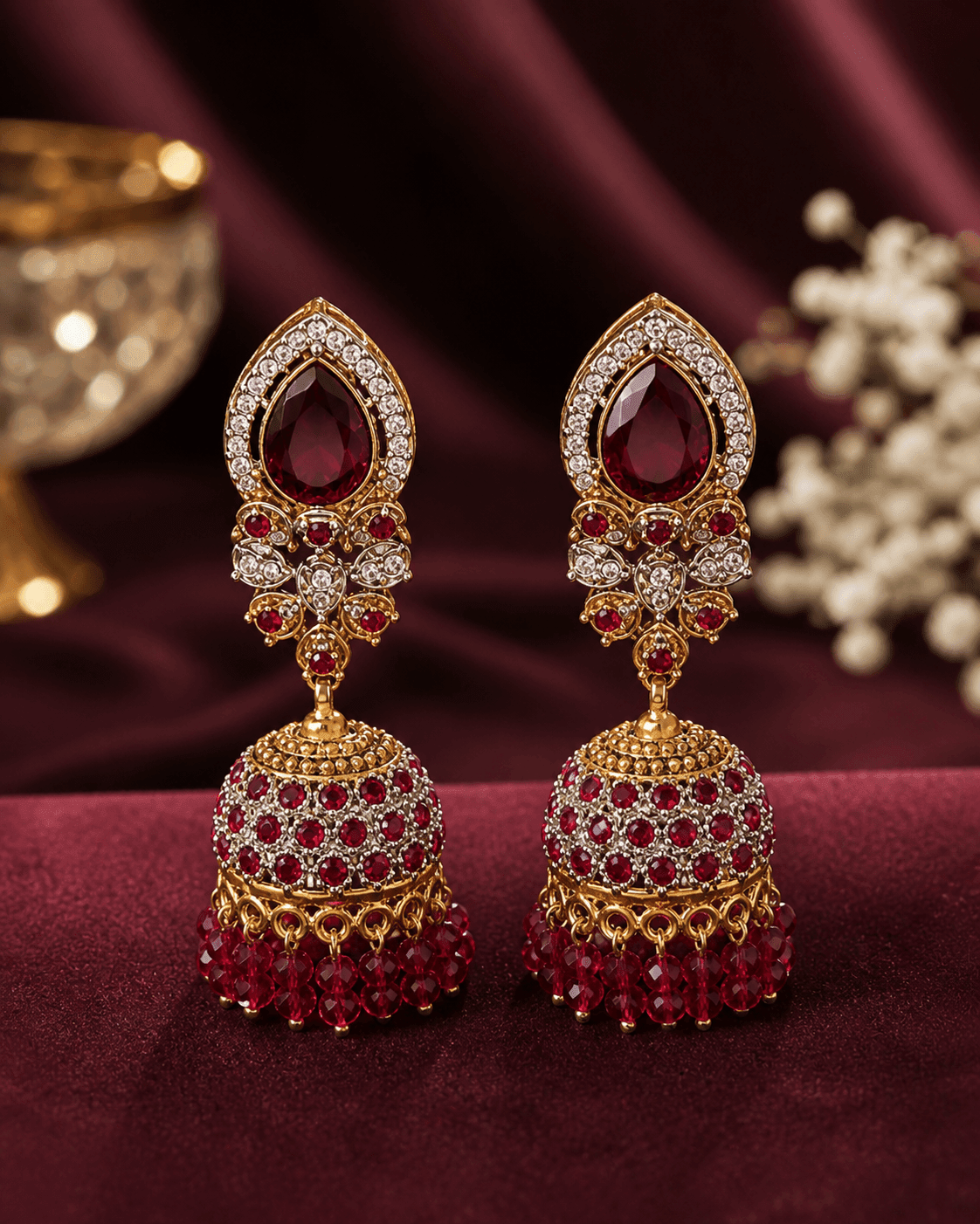 EAR - 002 Traditional Teardrop Jhumka Earrings with Pearl - Style Drops - Boutique By MaryamBoutique By MaryamBoutique By MaryamChampagneEAR - 002 Traditional Teardrop Jhumka Earrings with Pearl - Style Drops
