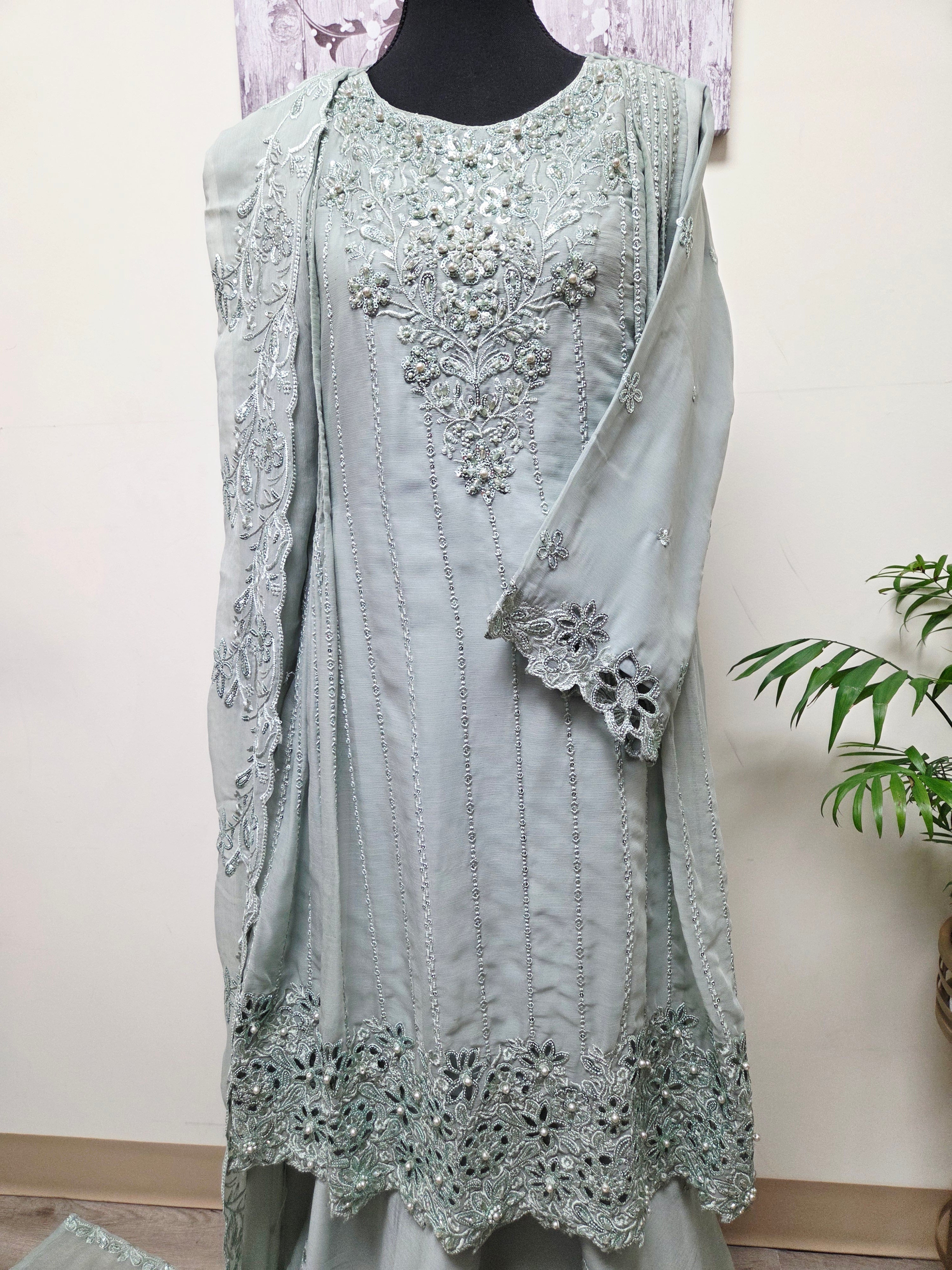 Elegant Chiffon Pleated Short Frock & Intricate Cutwork Palazzo Set - Boutique By MaryamBoutique By MaryamBoutique By MaryamPista GreenSElegant Chiffon Pleated Short Frock & Intricate Cutwork Palazzo Set