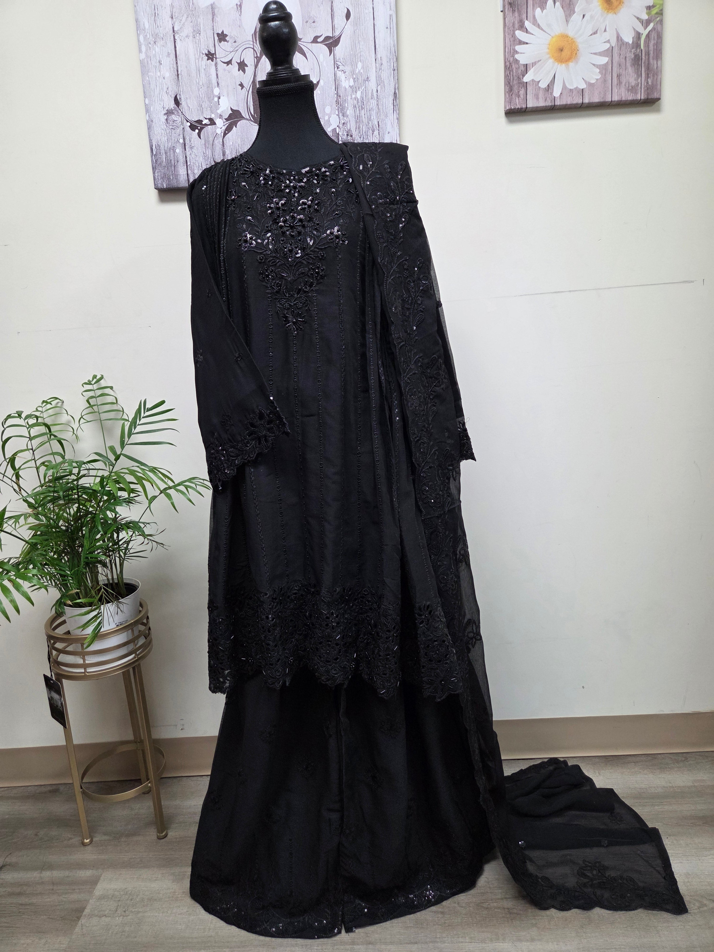 Elegant Chiffon Pleated Short Frock & Intricate Cutwork Palazzo Set - Boutique By MaryamBoutique By MaryamBoutique By MaryamBlackSElegant Chiffon Pleated Short Frock & Intricate Cutwork Palazzo Set